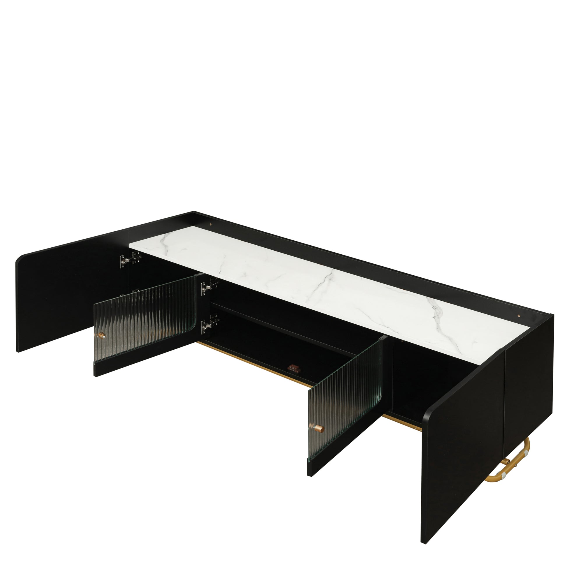 Sleek Design Tv Stand With Fluted Glass, Contemporary Entertainment Center For Tvs Up To 70", Faux Marble Top Tv Console Table With Gold Frame Base, Black Black Primary Living Space 70 79 Inches 70 79 Inches Modern 70 Inches Particle Board