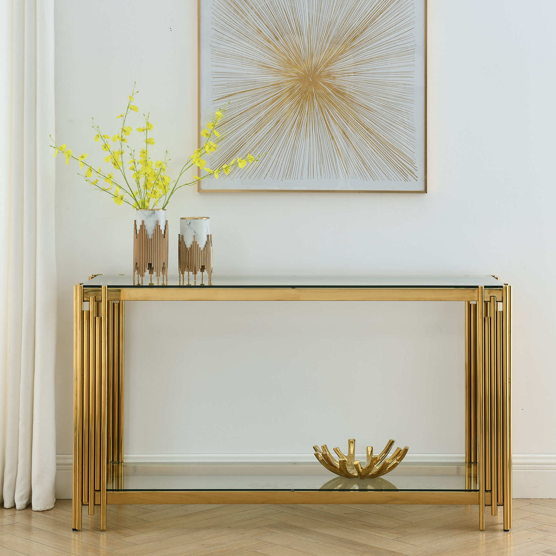 Modern Glass Console Table, 55" Gold Sofa Table With Sturdy Metal Frame And Clear Tempered Glass Top, For Living Room Entryway Bedroom, Gold Finish Polished Golden Stainless Steel