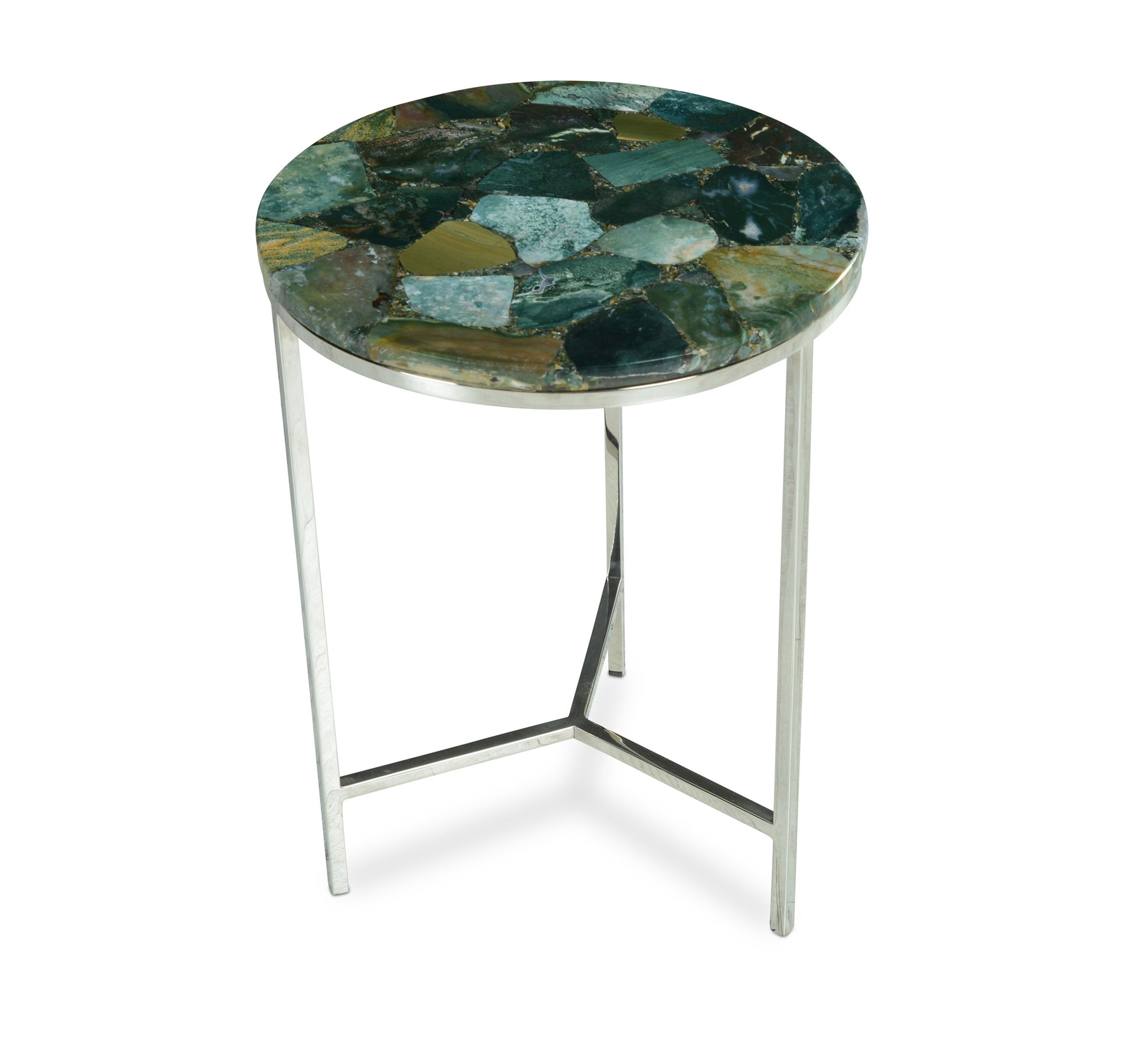 Accent Side Table: Clean Lines, Jasper Stone Top In Emerald, Modern Chrome Base, Perfect End Or Accent Table Green Stone