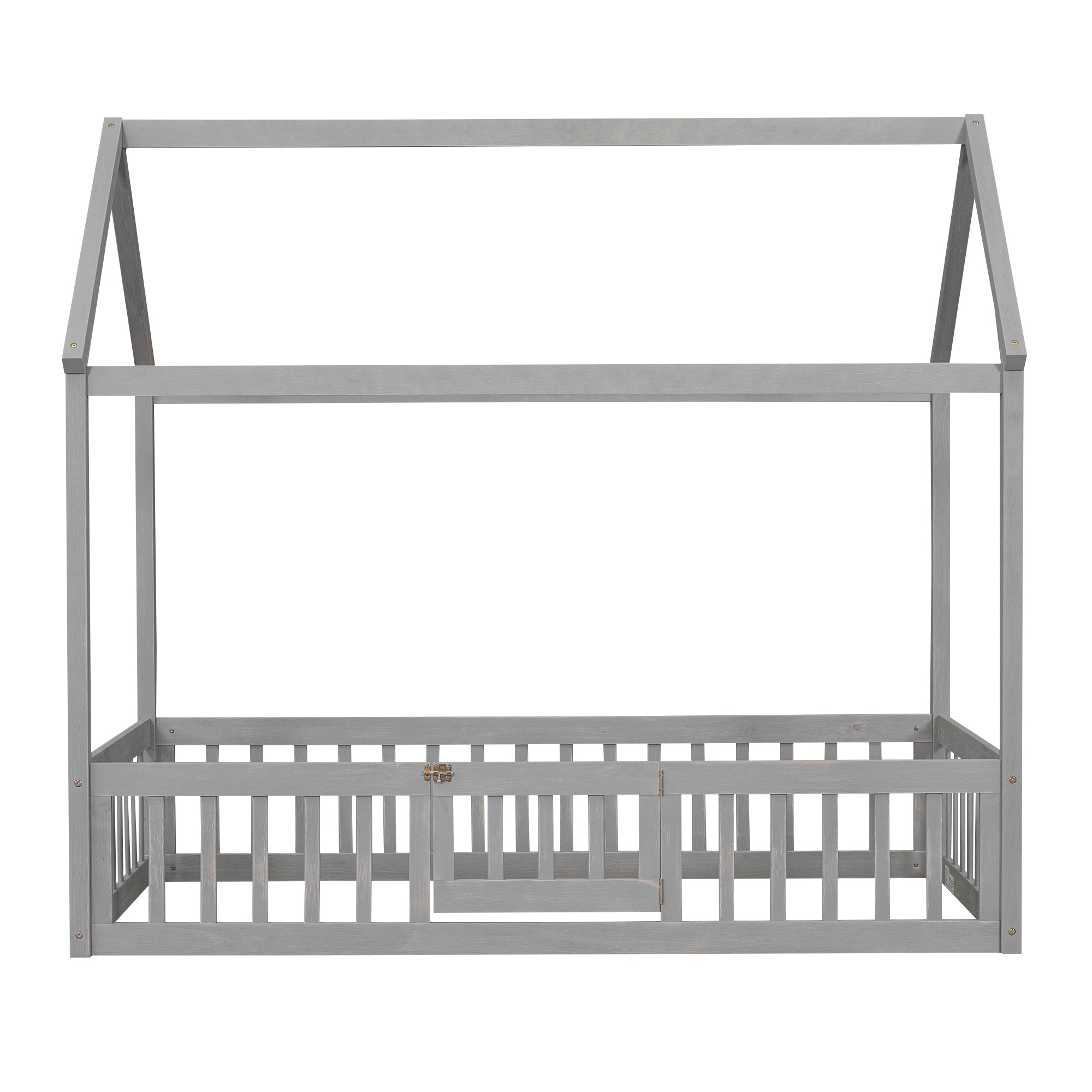 Twin Size Wood House Bed with Fence and Door, Gray gray-pine