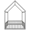 Full Size Wood House Bed With Fence And Door, Gray Wash Gray Pine