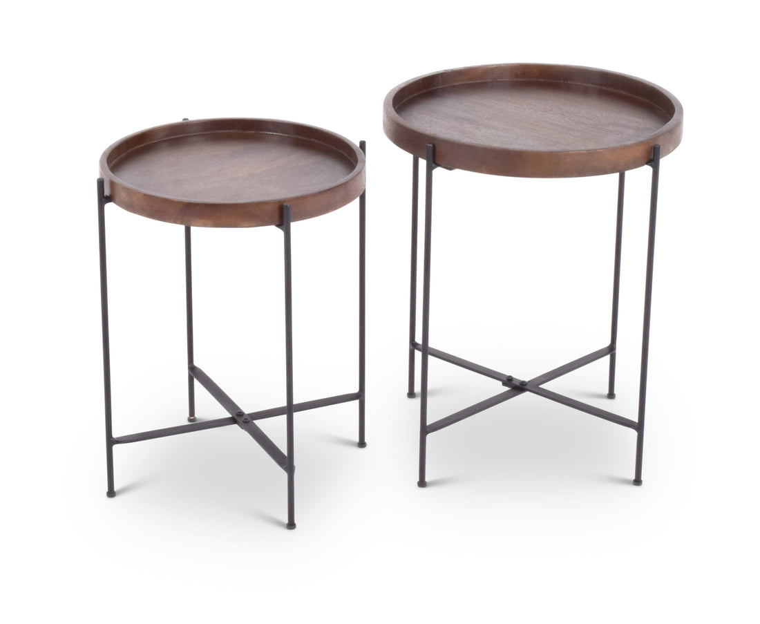 Set Of 2 Modern Round Wood Brown Side Tables With Metal Legs Contemporary Accent Furniture For Living Room, Bedroom, Or Office Stylish And Functional Home D Cor Accessories Brown Wood