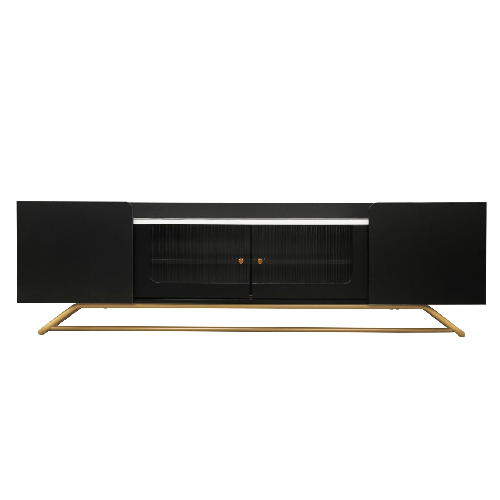 Sleek Design Tv Stand With Fluted Glass, Contemporary Entertainment Center For Tvs Up To 70", Faux Marble Top Tv Console Table With Gold Frame Base, Black Black Primary Living Space 70 79 Inches 70 79 Inches Modern 70 Inches Particle Board