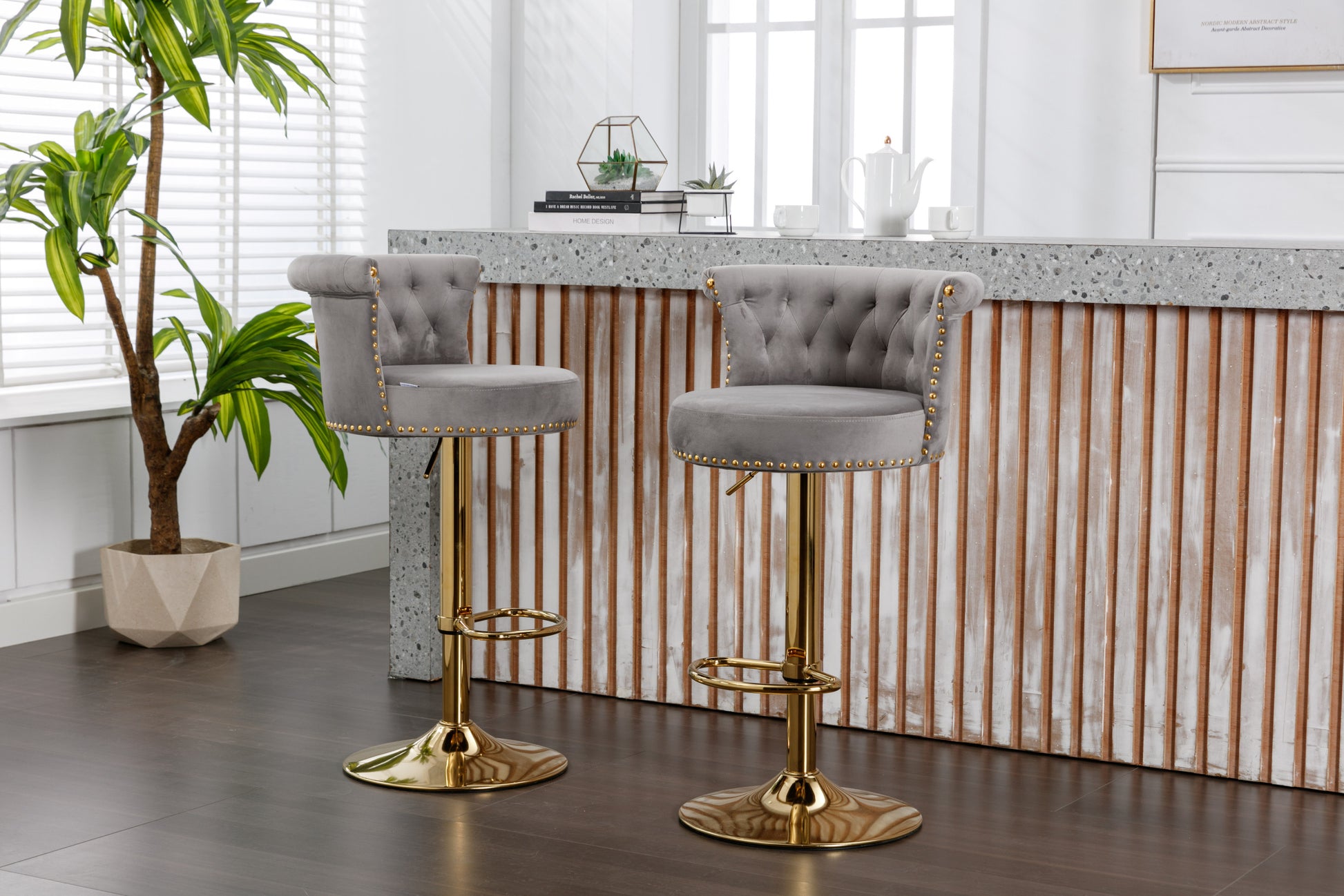 Coolmore Swivel Bar Stools Set Of 2 Adjustable Counter Height Chairs With Footrest For Kitchen, Dining Room 2Pc Set Gray Velvet