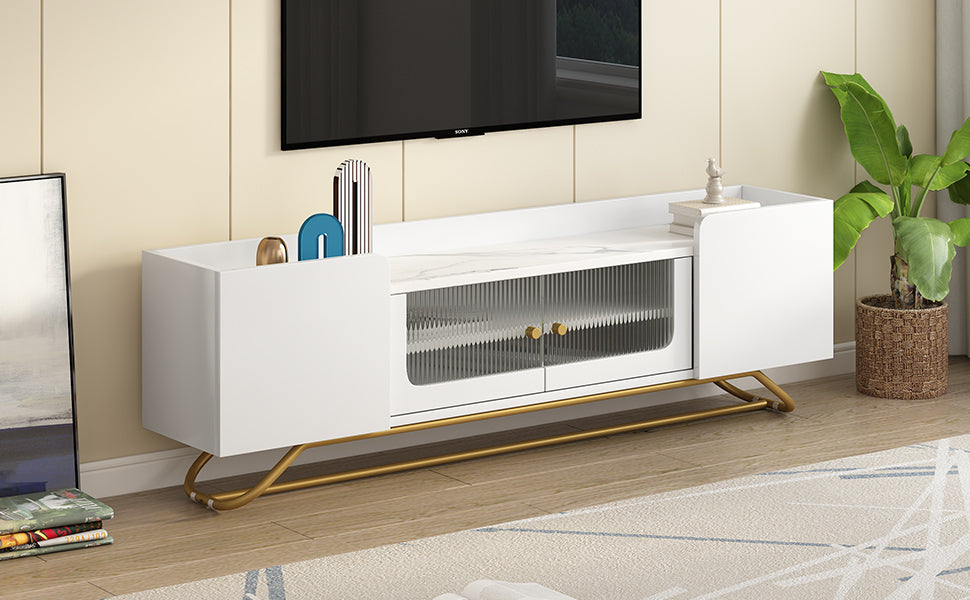 Sleek Design Tv Stand With Fluted Glass, Contemporary Entertainment Center For Tvs Up To 70", Faux Marble Top Tv Console Table With Gold Frame Base, White White Primary Living Space 70 79 Inches 70 79 Inches Modern 70 Inches Particle Board