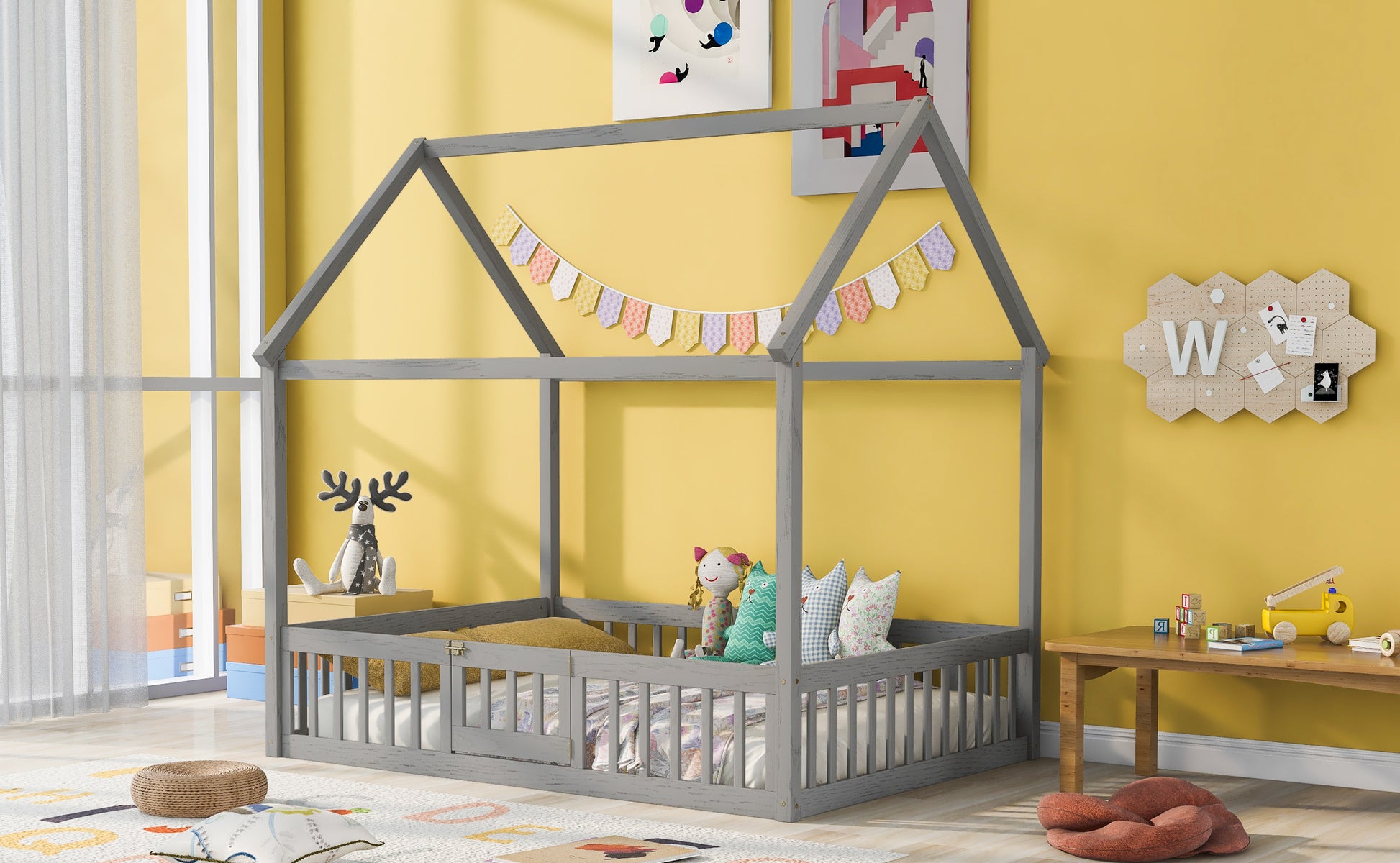 Full Size Wood House Bed With Fence And Door, Gray Wash Gray Pine