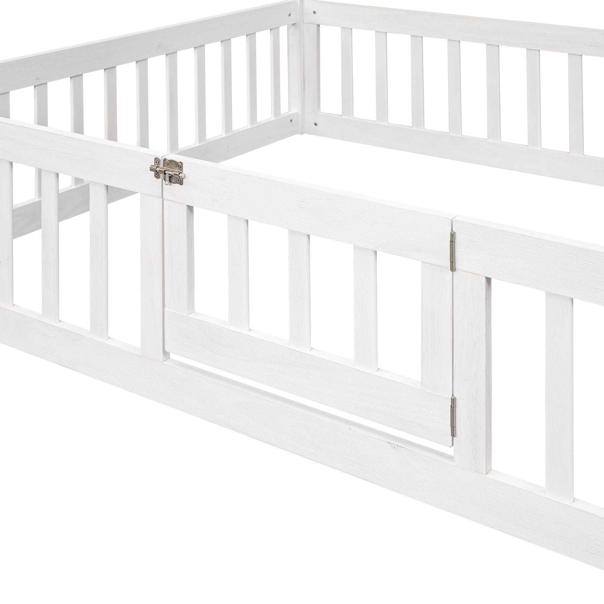 Full Size Wood House Bed with Fence and Door, White white-pine