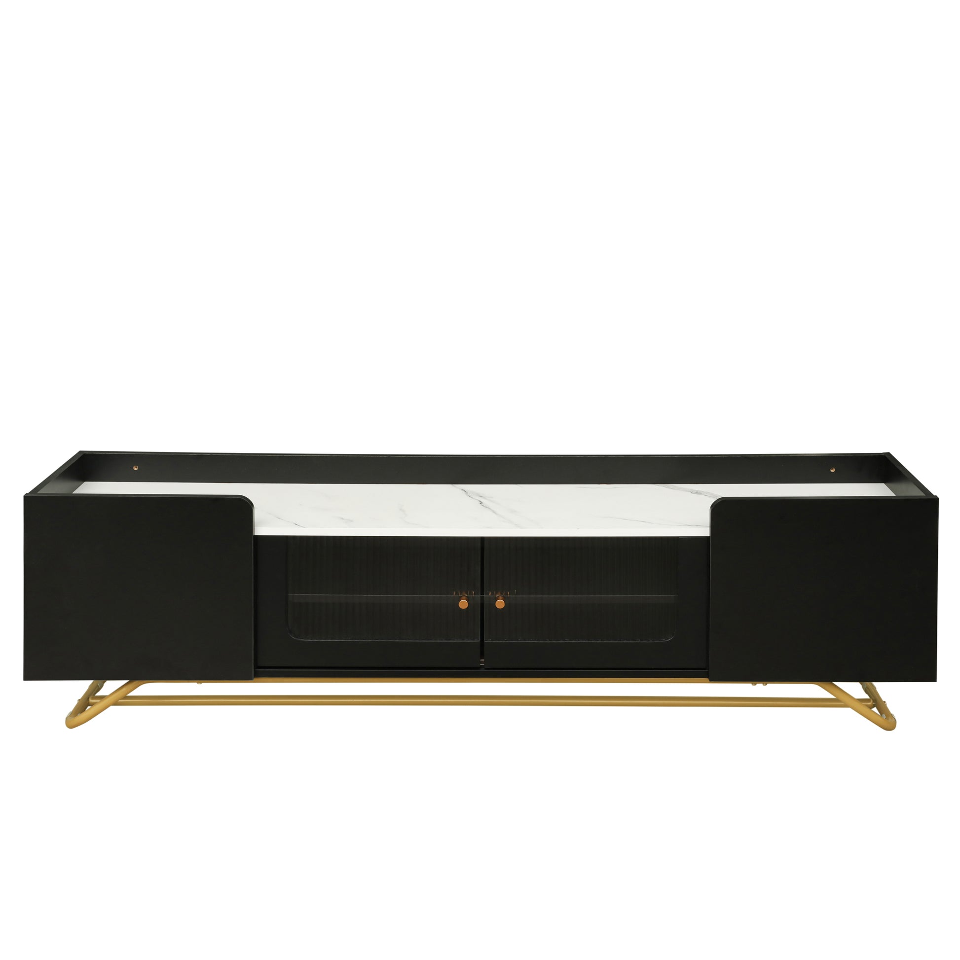 Sleek Design Tv Stand With Fluted Glass, Contemporary Entertainment Center For Tvs Up To 70", Faux Marble Top Tv Console Table With Gold Frame Base, Black Black Primary Living Space 70 79 Inches 70 79 Inches Modern 70 Inches Particle Board