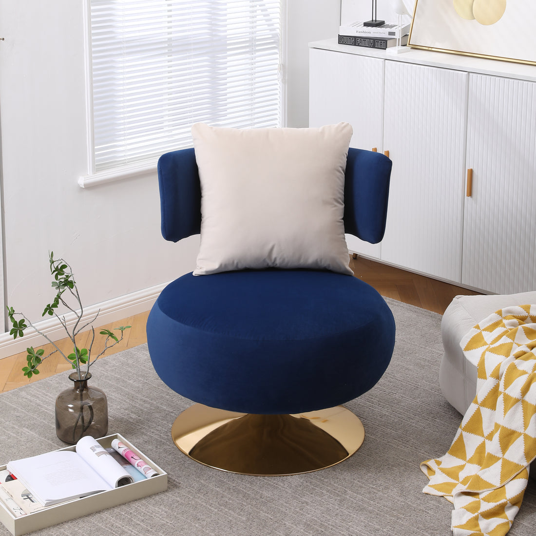 Swivel Accent Chair Armchair, Round Barrel Chair In Fabric For Living Room Bedroom Navy Primary Living Space American Design Foam Velvet