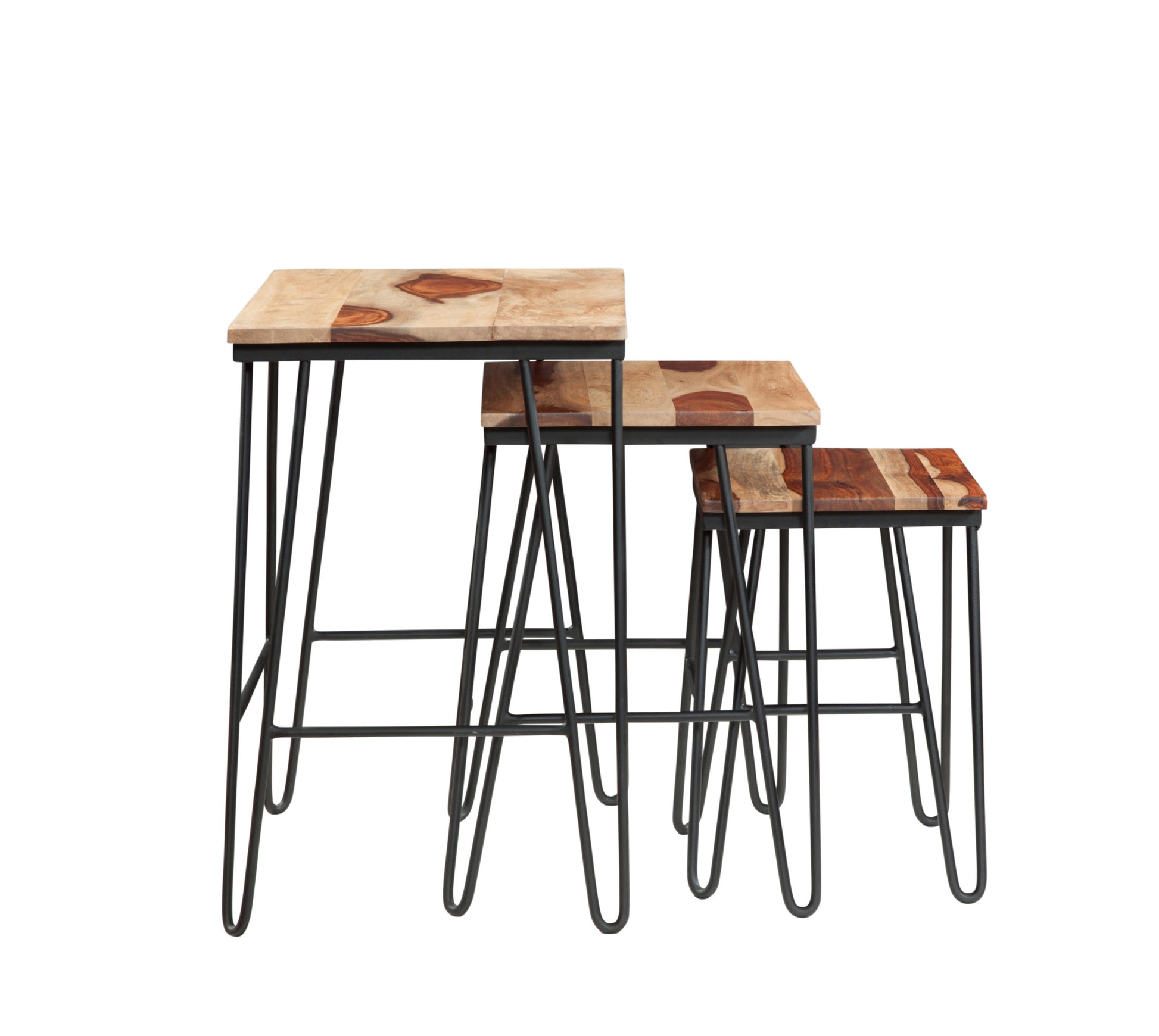 Natural Sheesham Wood Nesting Tables Two Tone Top, Iron Base Varied Beauty, Large Storage Space Natural Wood