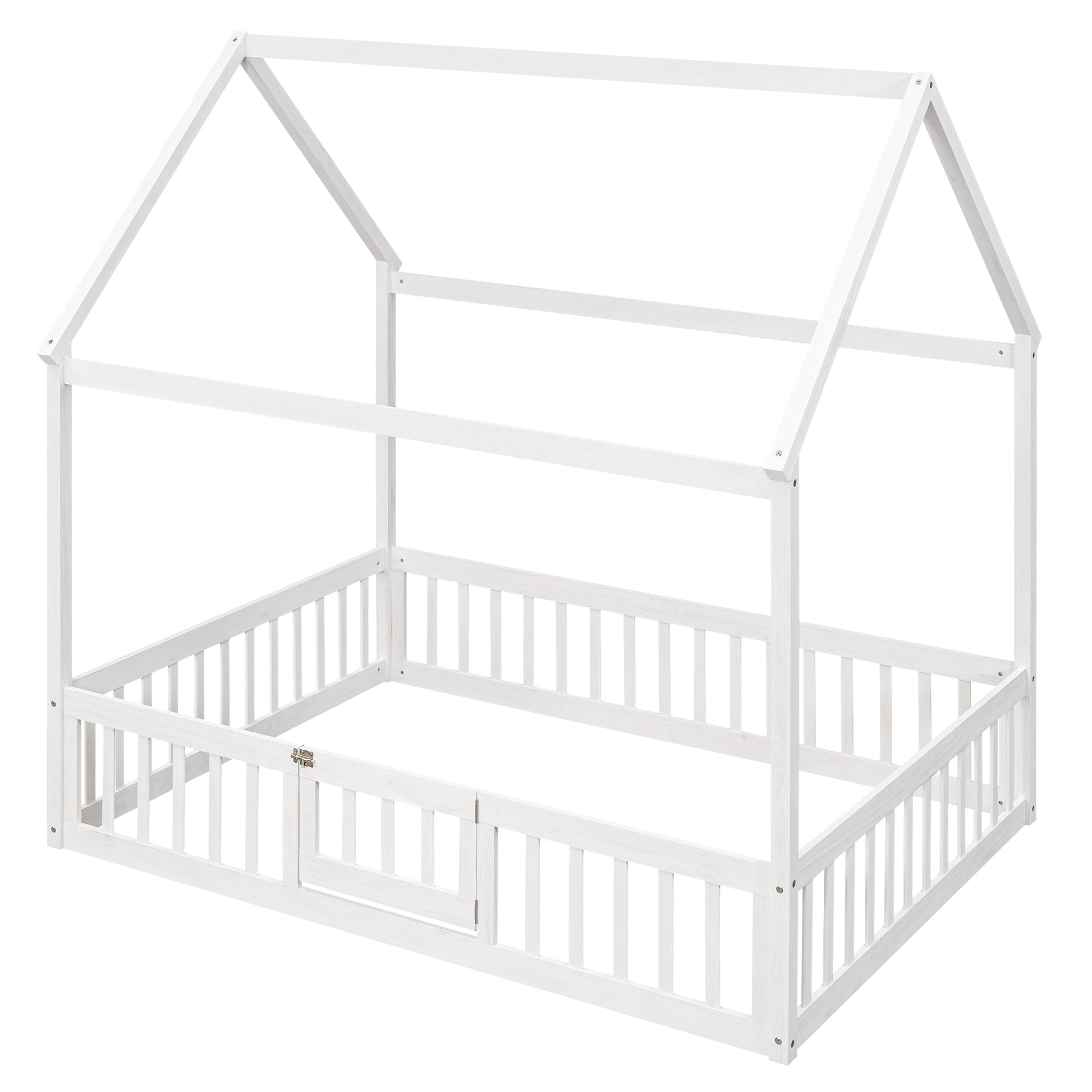 Full Size Wood House Bed With Fence And Door, White Wash White Pine