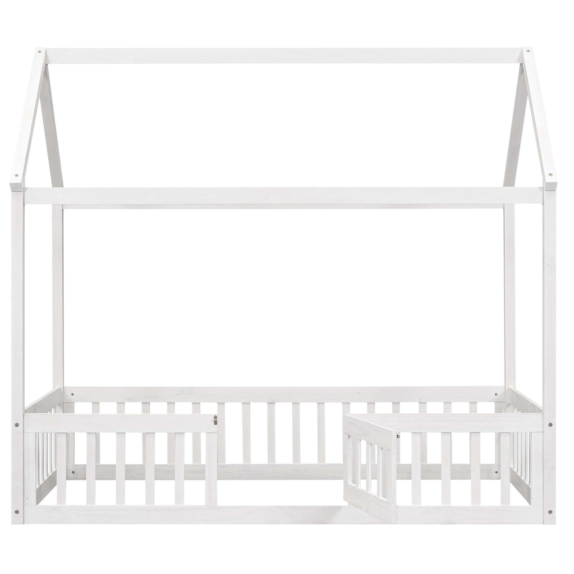 Twin Size Wood House Bed with Fence and Door, White white-pine