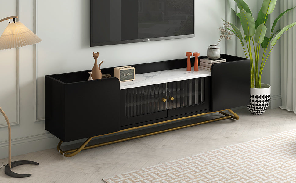 Sleek Design Tv Stand With Fluted Glass, Contemporary Entertainment Center For Tvs Up To 70", Faux Marble Top Tv Console Table With Gold Frame Base, Black Black Primary Living Space 70 79 Inches 70 79 Inches Modern 70 Inches Particle Board