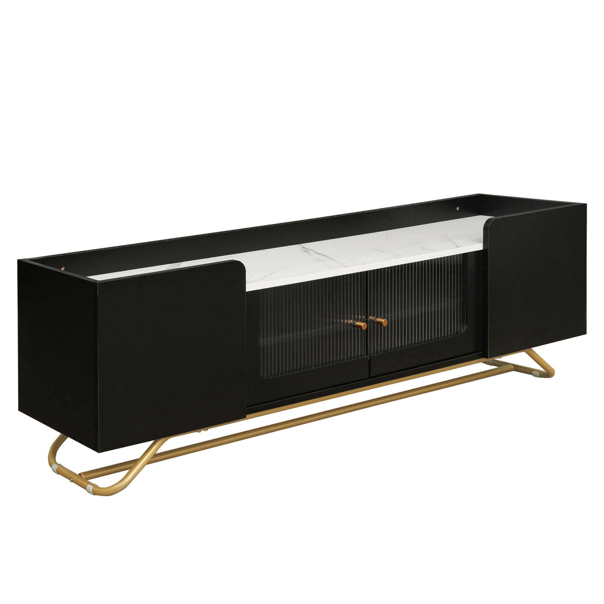 Sleek Design Tv Stand With Fluted Glass, Contemporary Entertainment Center For Tvs Up To 70", Faux Marble Top Tv Console Table With Gold Frame Base, Black Black Primary Living Space 70 79 Inches 70 79 Inches Modern 70 Inches Particle Board