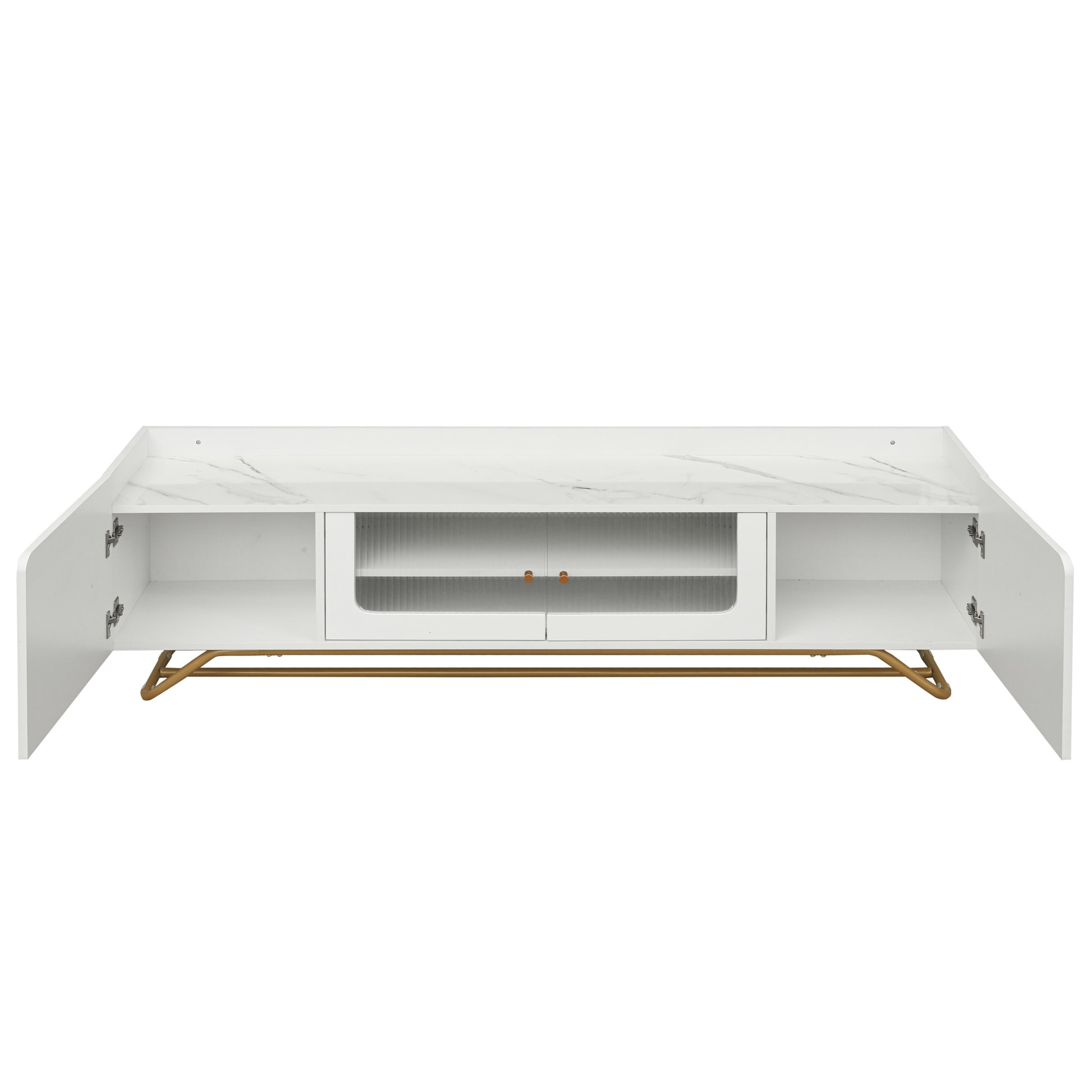 Sleek Design Tv Stand With Fluted Glass, Contemporary Entertainment Center For Tvs Up To 70", Faux Marble Top Tv Console Table With Gold Frame Base, White White Primary Living Space 70 79 Inches 70 79 Inches Modern 70 Inches Particle Board