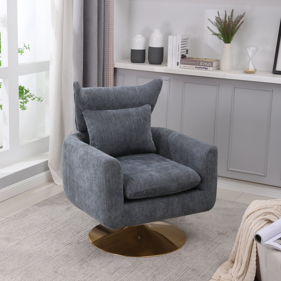 Classic Mid Century 360 Degree Swivel Accent Chair, Dusty Blue Linen Blue Gray Primary Living Space American Design Foam Linen