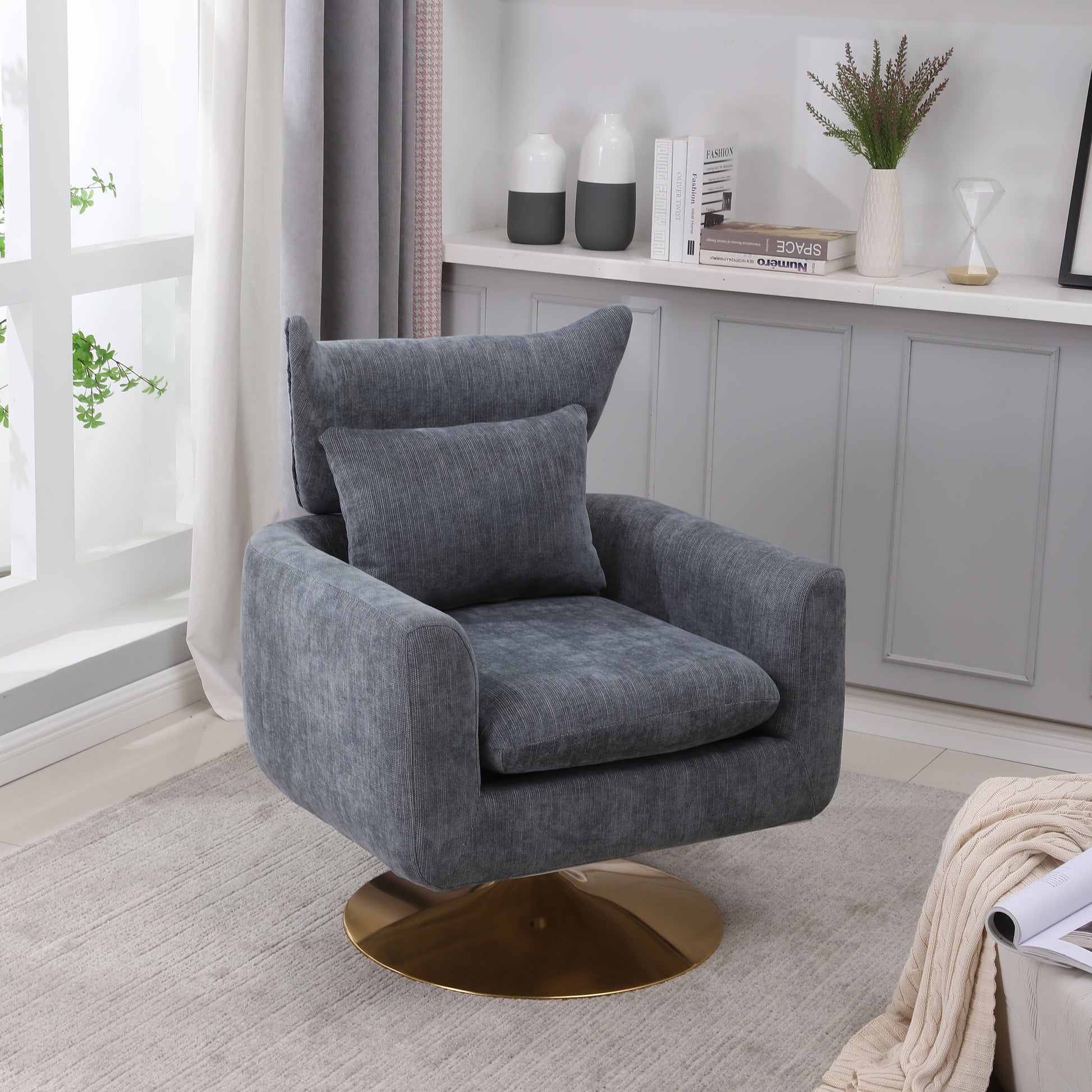 Classic Mid Century 360 Degree Swivel Accent Chair, Dusty Blue Linen Blue Gray Primary Living Space American Design Foam Linen