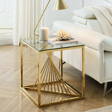 20 Inch Modern Glass End Table With Geometric Metal Frame, Accent Table Nightstand Furniture Corner Table For Living Room,Home Office,Bedroom Gold Polished Golden Stainless Steel