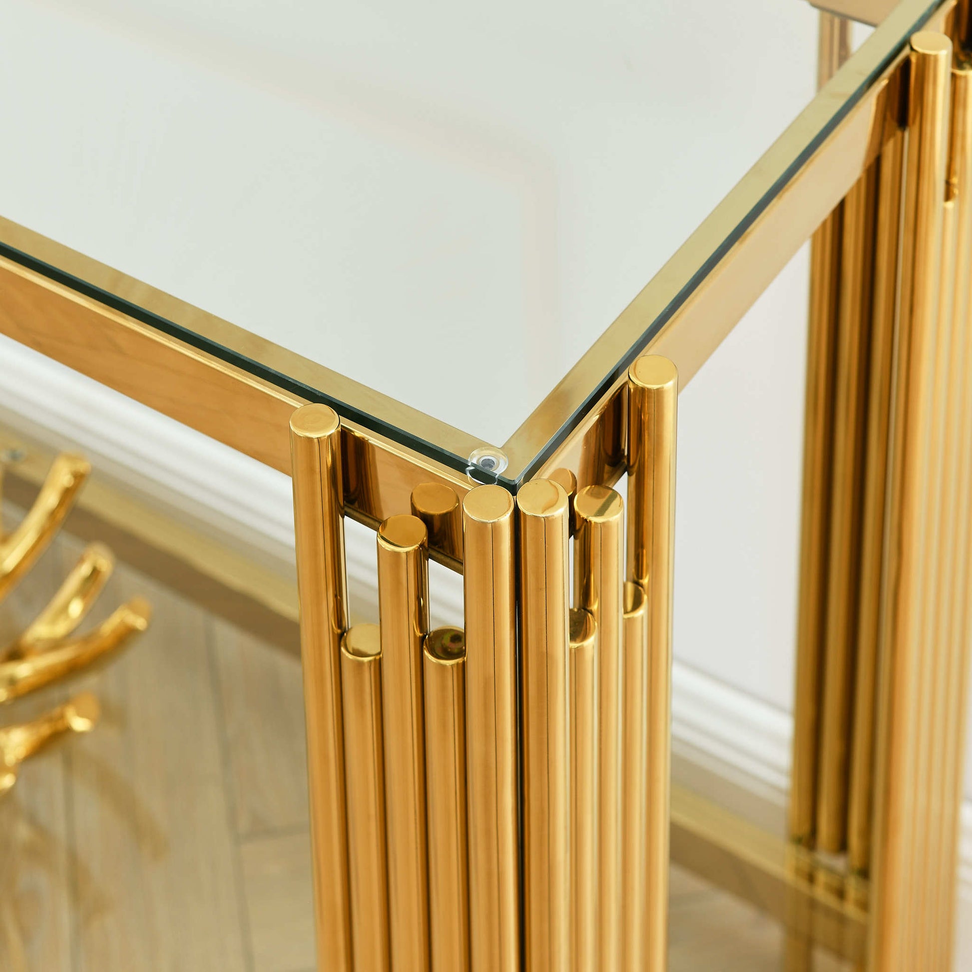 Modern Glass Console Table, 55" Gold Sofa Table With Sturdy Metal Frame And Clear Tempered Glass Top, For Living Room Entryway Bedroom, Gold Finish Polished Golden Stainless Steel