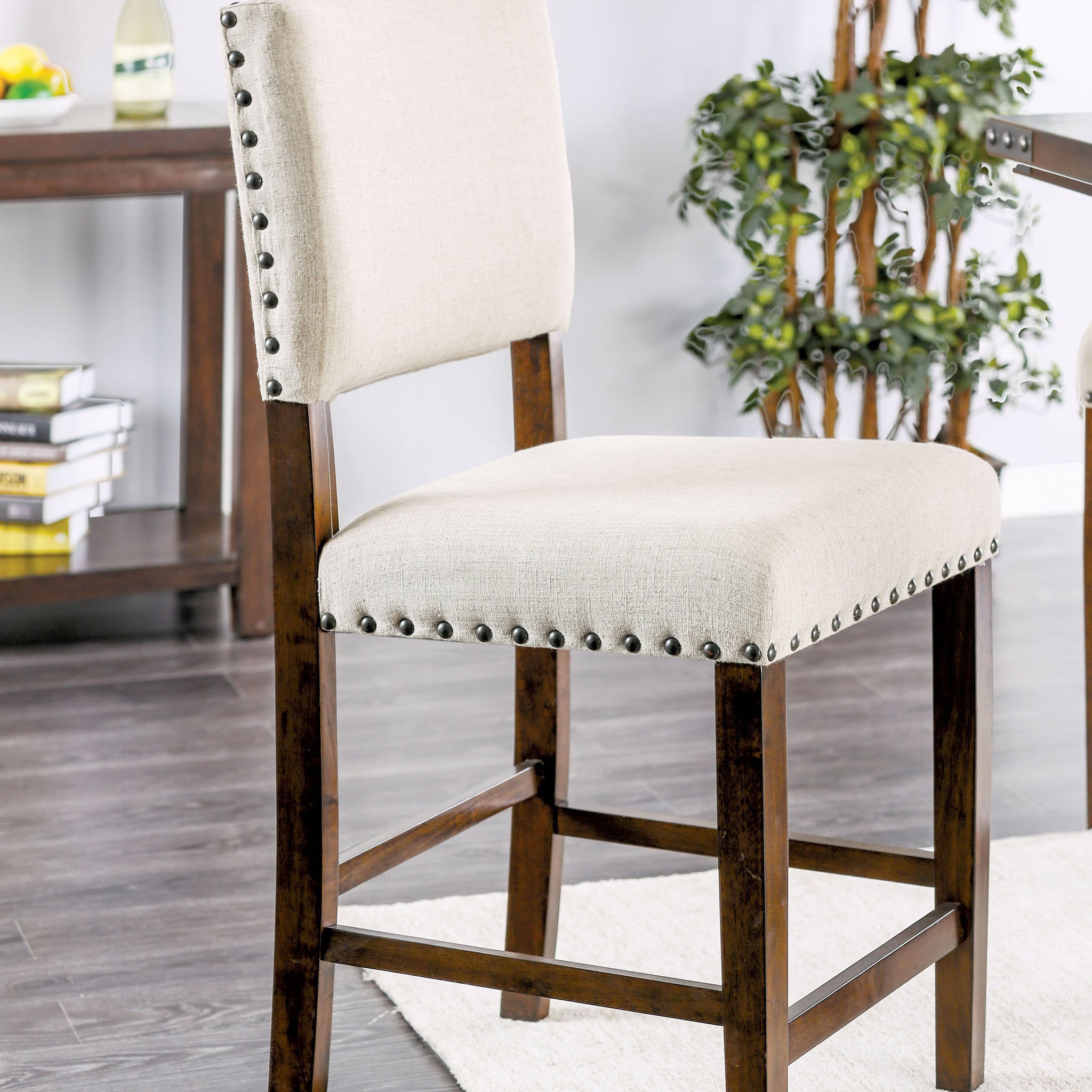 Classic Set Of 2Pc Counter Height Dining Chairs Ivory Fabric Padded Linen Chairs Upholstered Cushion High Chairs Trim Kitchen Dining Room Solid Wood Brown Cherry Ivory Brown Dining Room Industrial,Transitional Dining Chairs Solid Back Solid Wood