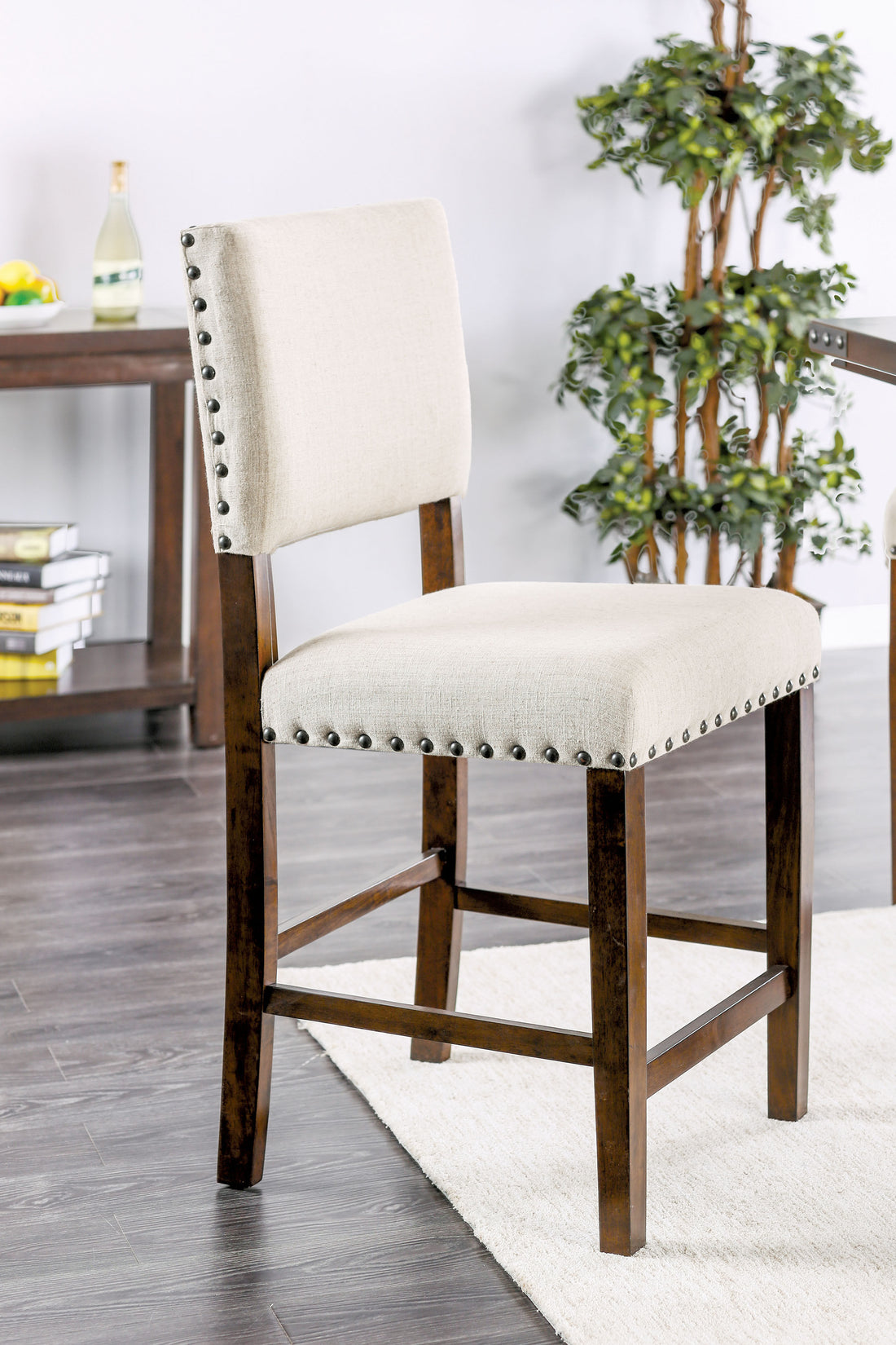 Classic Set Of 2Pc Counter Height Dining Chairs Ivory Fabric Padded Linen Chairs Upholstered Cushion High Chairs Trim Kitchen Dining Room Solid Wood Brown Cherry Ivory Brown Dining Room Industrial,Transitional Dining Chairs Solid Back Solid Wood