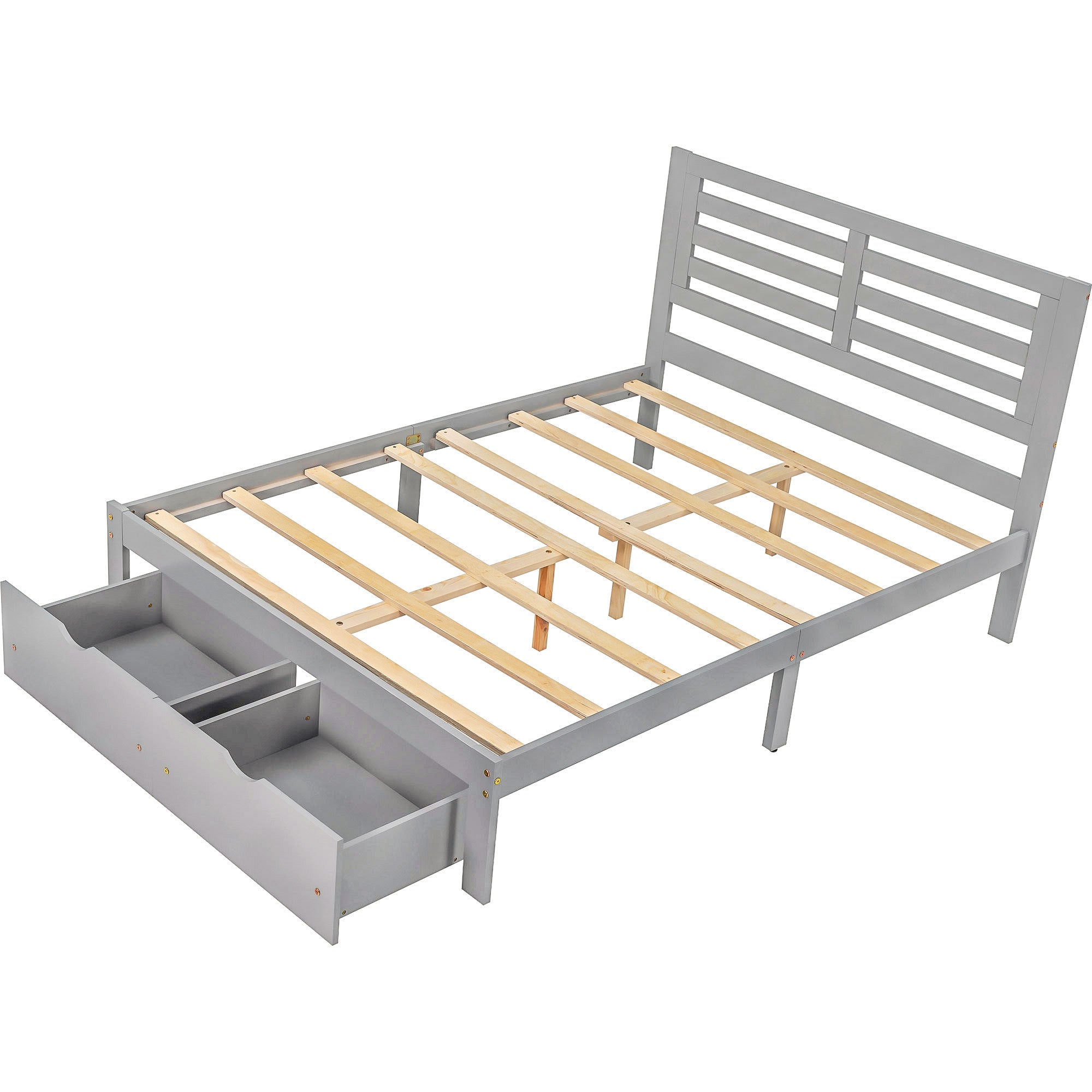 Full Size Platform Bed with Drawers, Gray gray-pine