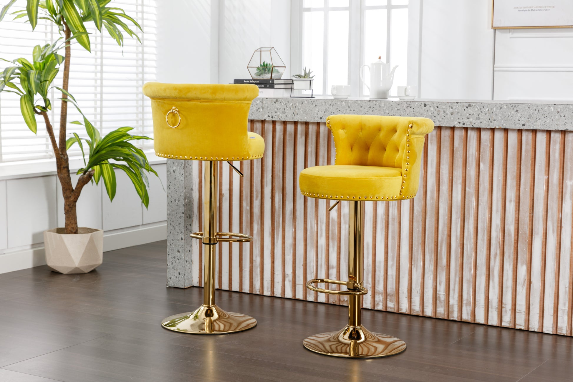 Coolmore Swivel Bar Stools Set Of 2 Adjustable Counter Height Chairs With Footrest For Kitchen, Dining Room 2Pc Set Yellow Velvet