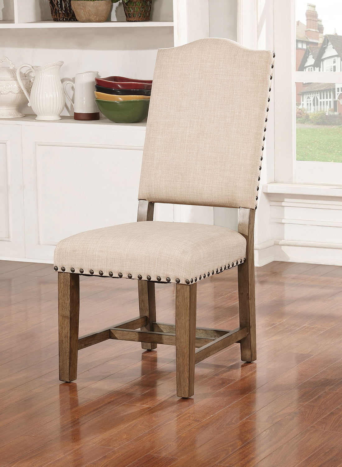 Rustic Classic 2Pcs Dining Chairs Beige Fabric Upholstered Cushion Side Chairs Trim Kitchen Dining Room Solid Wood Light Oak Beige Dining Room Rustic,Transitional Dining Chairs Solid Back Solid Wood