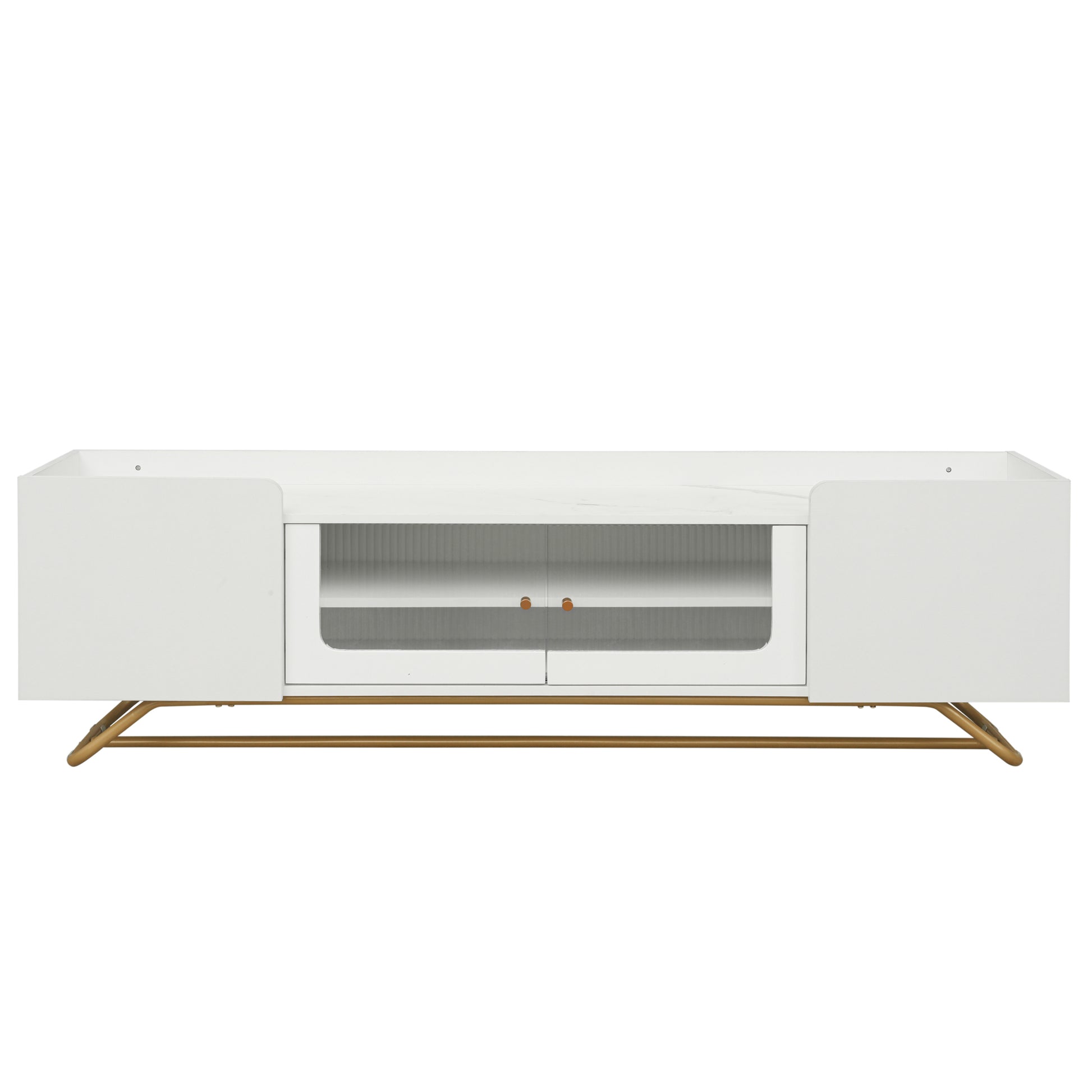 Sleek Design Tv Stand With Fluted Glass, Contemporary Entertainment Center For Tvs Up To 70", Faux Marble Top Tv Console Table With Gold Frame Base, White White Primary Living Space 70 79 Inches 70 79 Inches Modern 70 Inches Particle Board