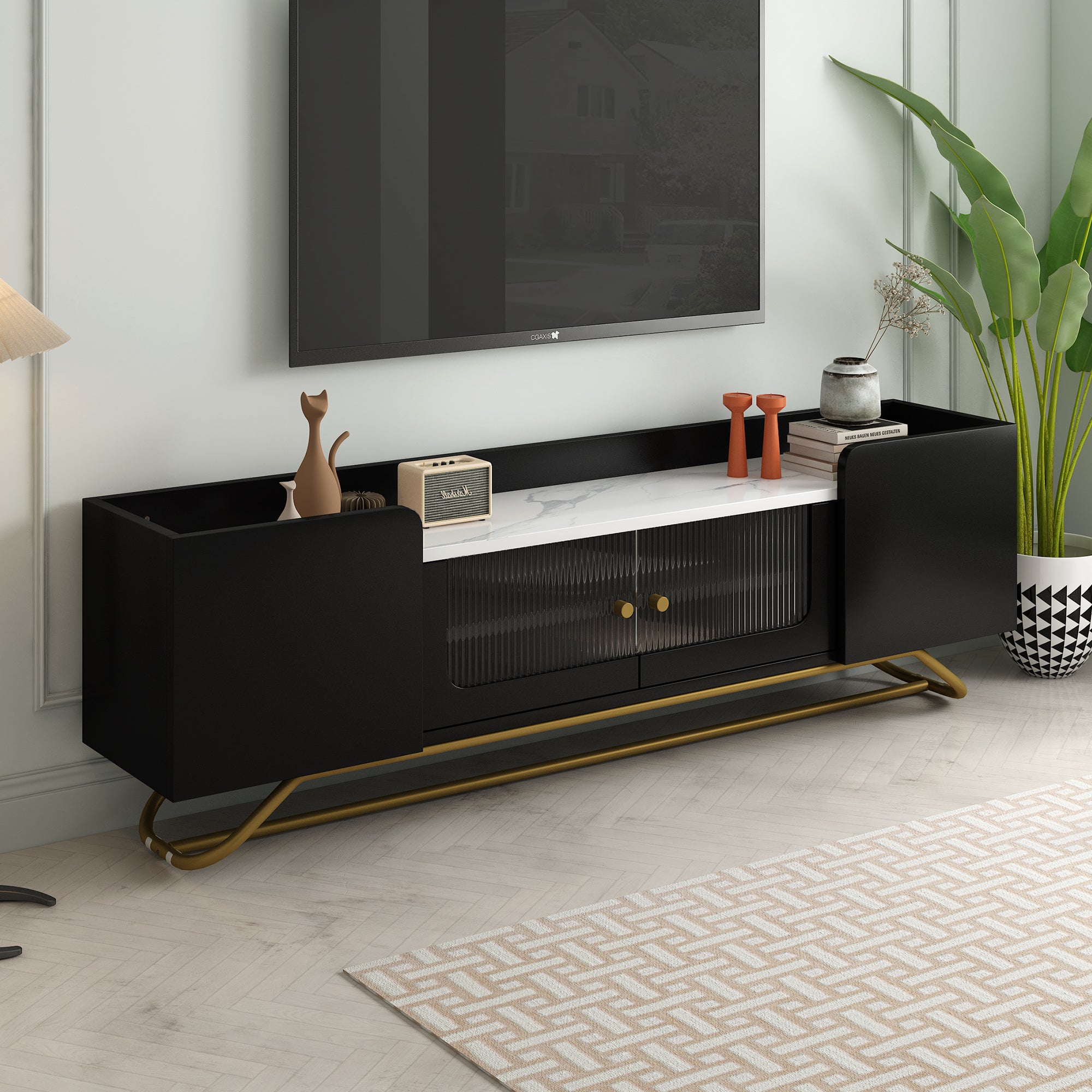 Sleek Design Tv Stand With Fluted Glass, Contemporary Entertainment Center For Tvs Up To 70", Faux Marble Top Tv Console Table With Gold Frame Base, Black Black Primary Living Space 70 79 Inches 70 79 Inches Modern 70 Inches Particle Board