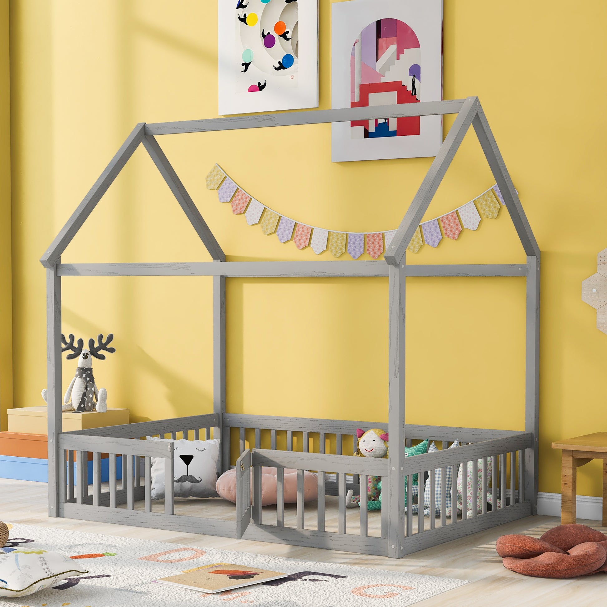 Full Size Wood House Bed With Fence And Door, Gray Wash Gray Pine