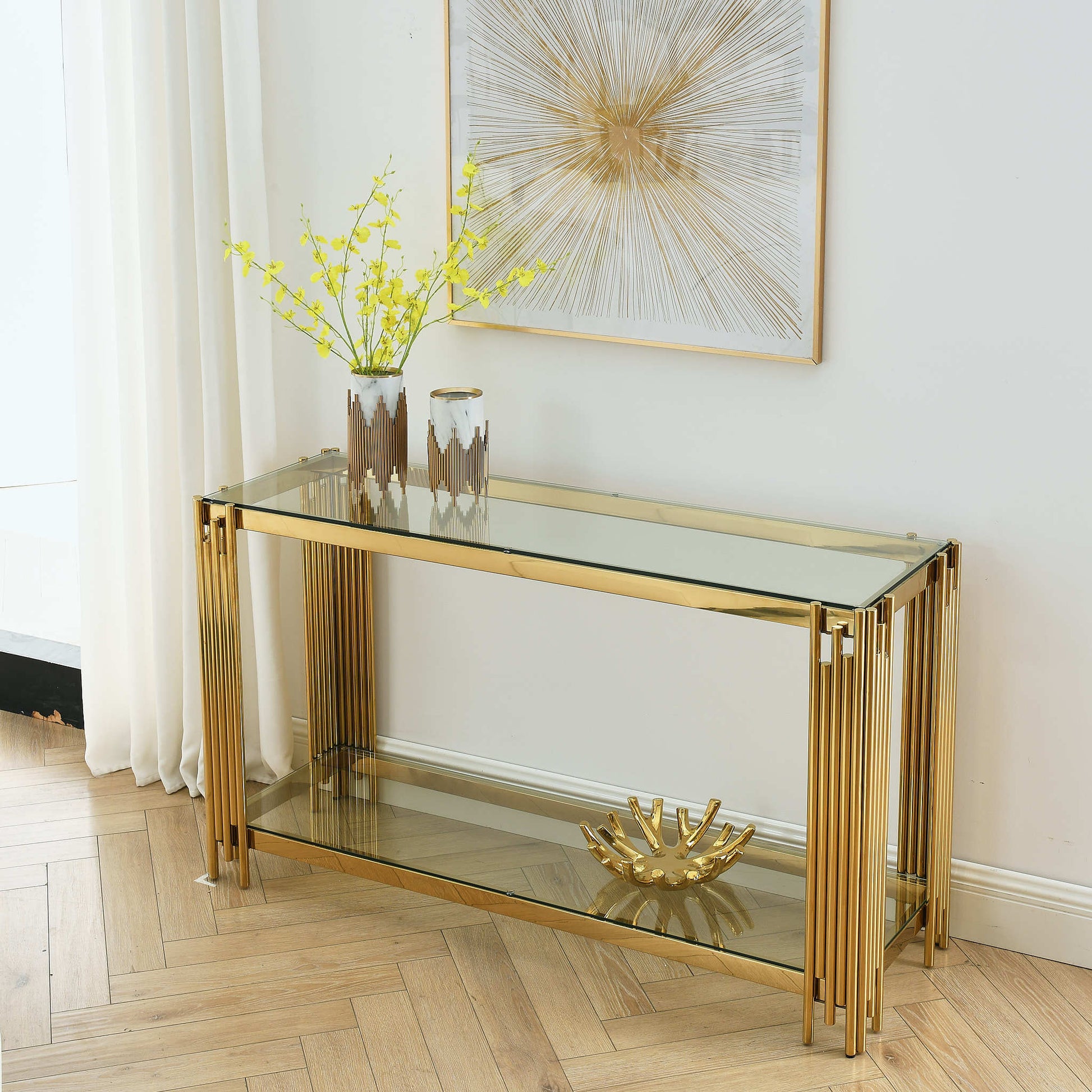 Modern Glass Console Table, 55" Gold Sofa Table With Sturdy Metal Frame And Clear Tempered Glass Top, For Living Room Entryway Bedroom, Gold Finish Polished Golden Stainless Steel