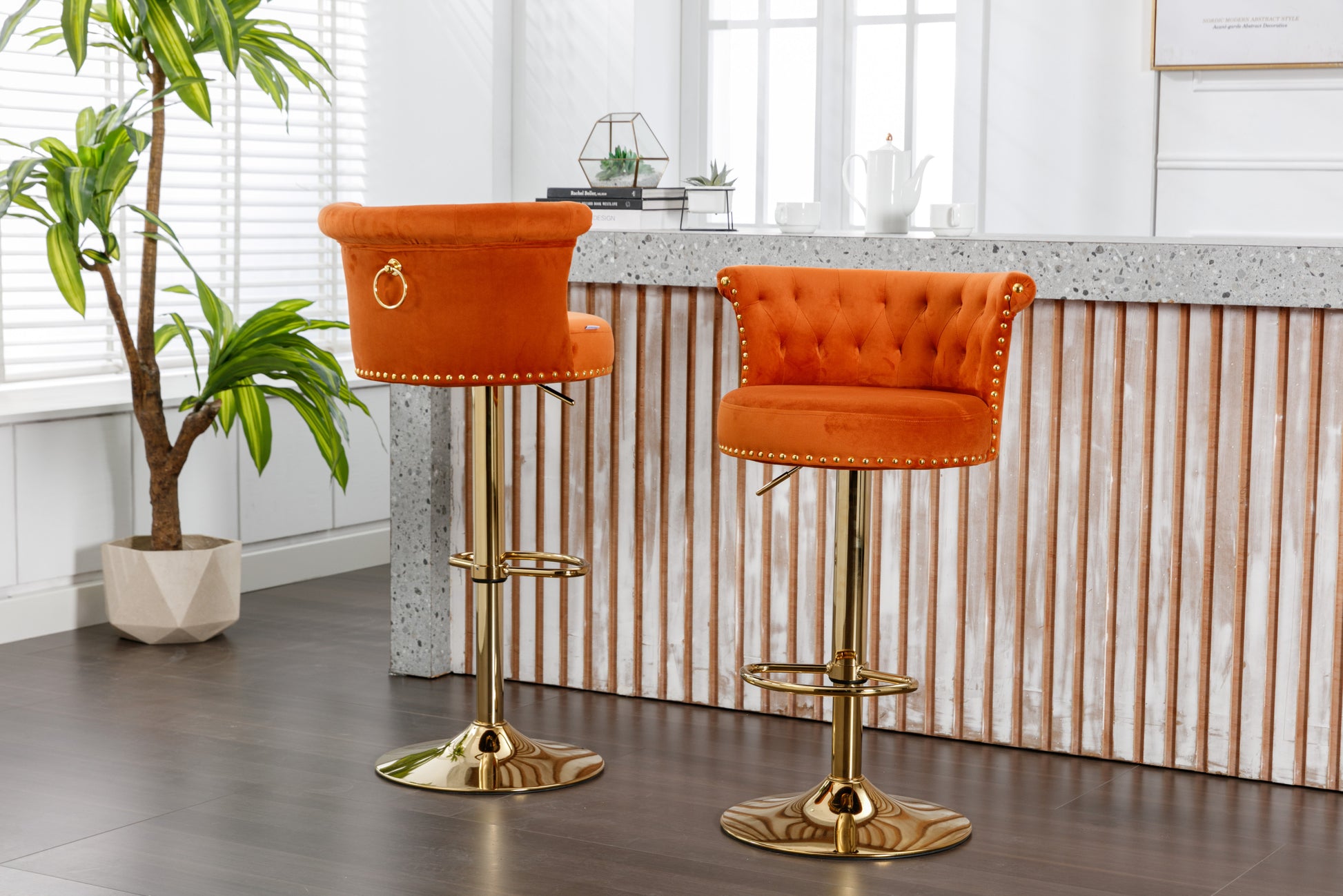 Coolmore Swivel Bar Stools Set Of 2 Adjustable Counter Height Chairs With Footrest For Kitchen, Dining Room 2Pc Set Orange Velvet