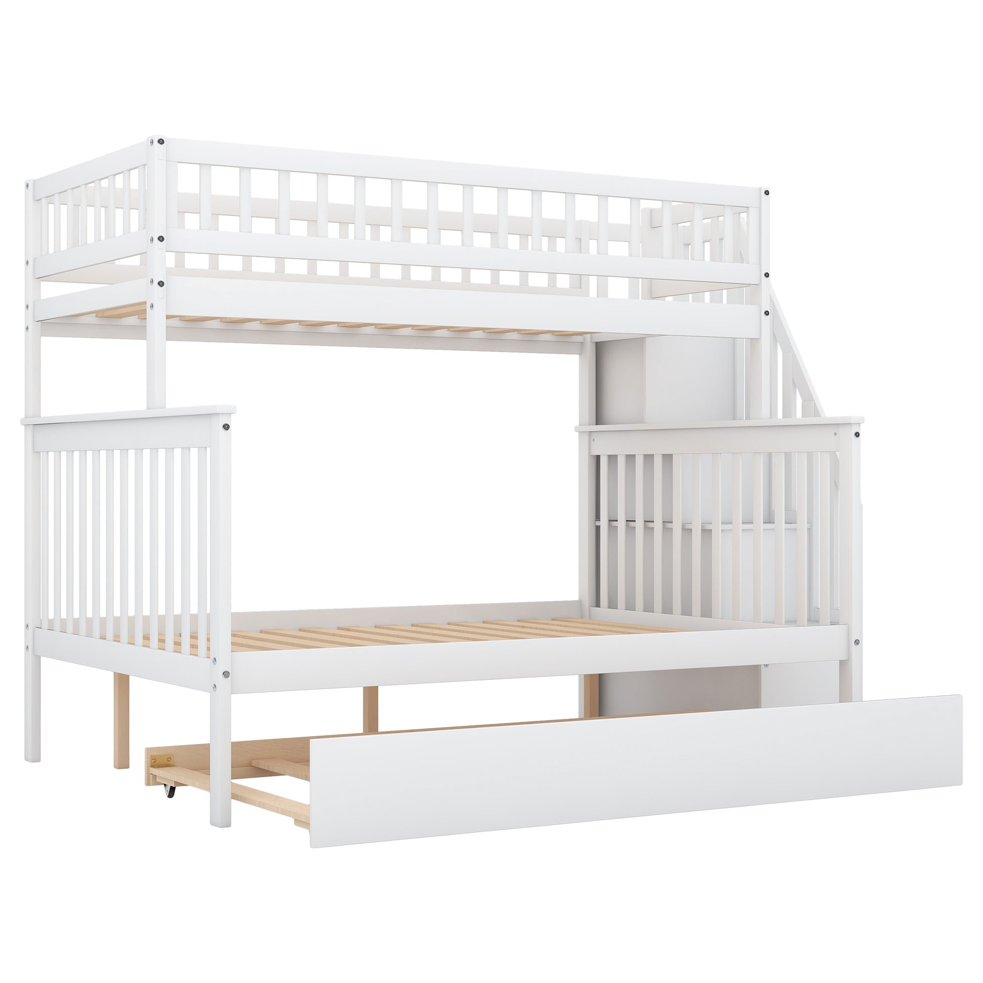 Twin Over Full Bunk Bed With Trundle And Staircase,White Twin White Pine