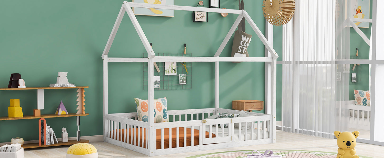 Full Size Wood House Bed With Fence And Door, White Wash White Pine