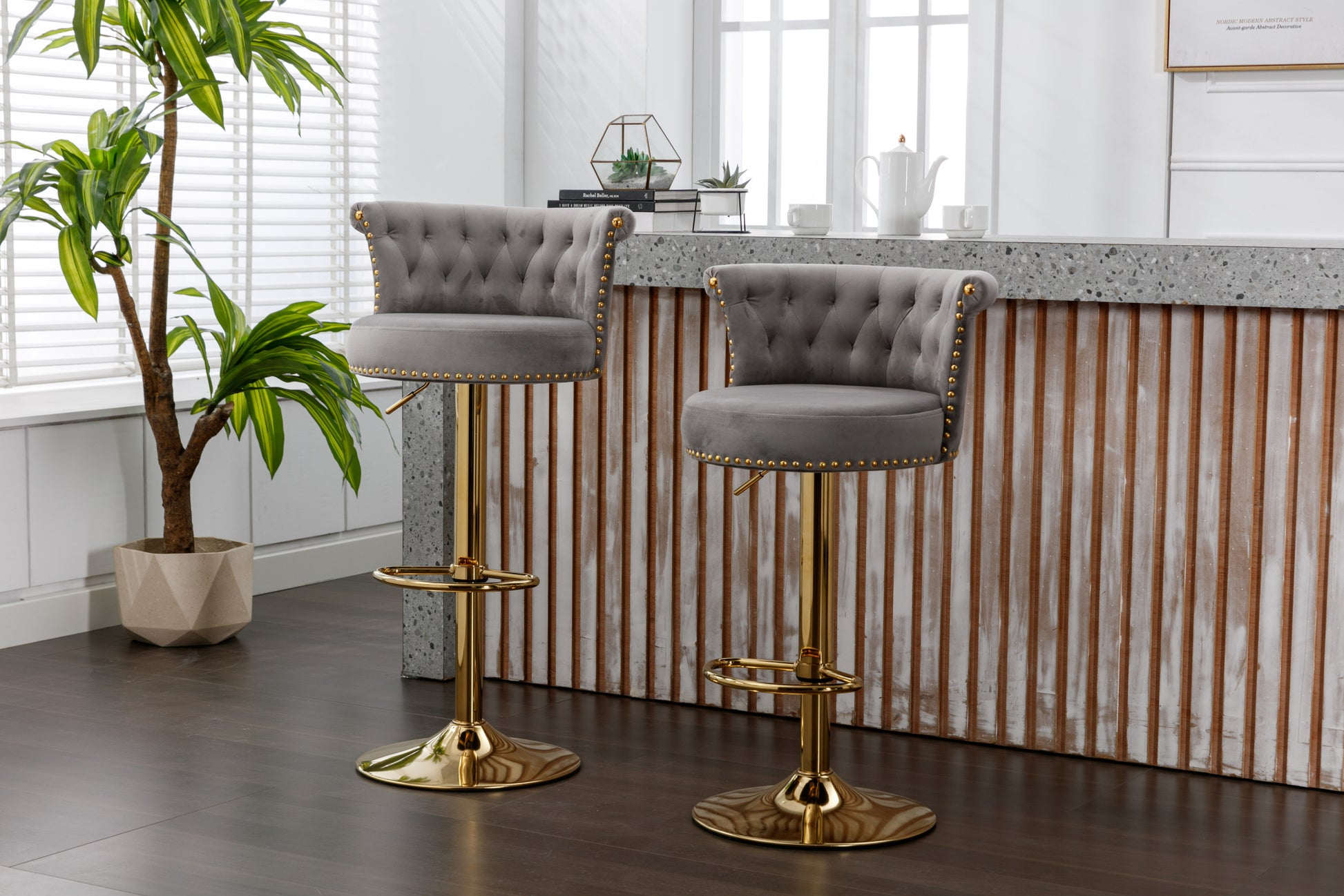 Coolmore Swivel Bar Stools Set Of 2 Adjustable Counter Height Chairs With Footrest For Kitchen, Dining Room 2Pc Set Gray Velvet