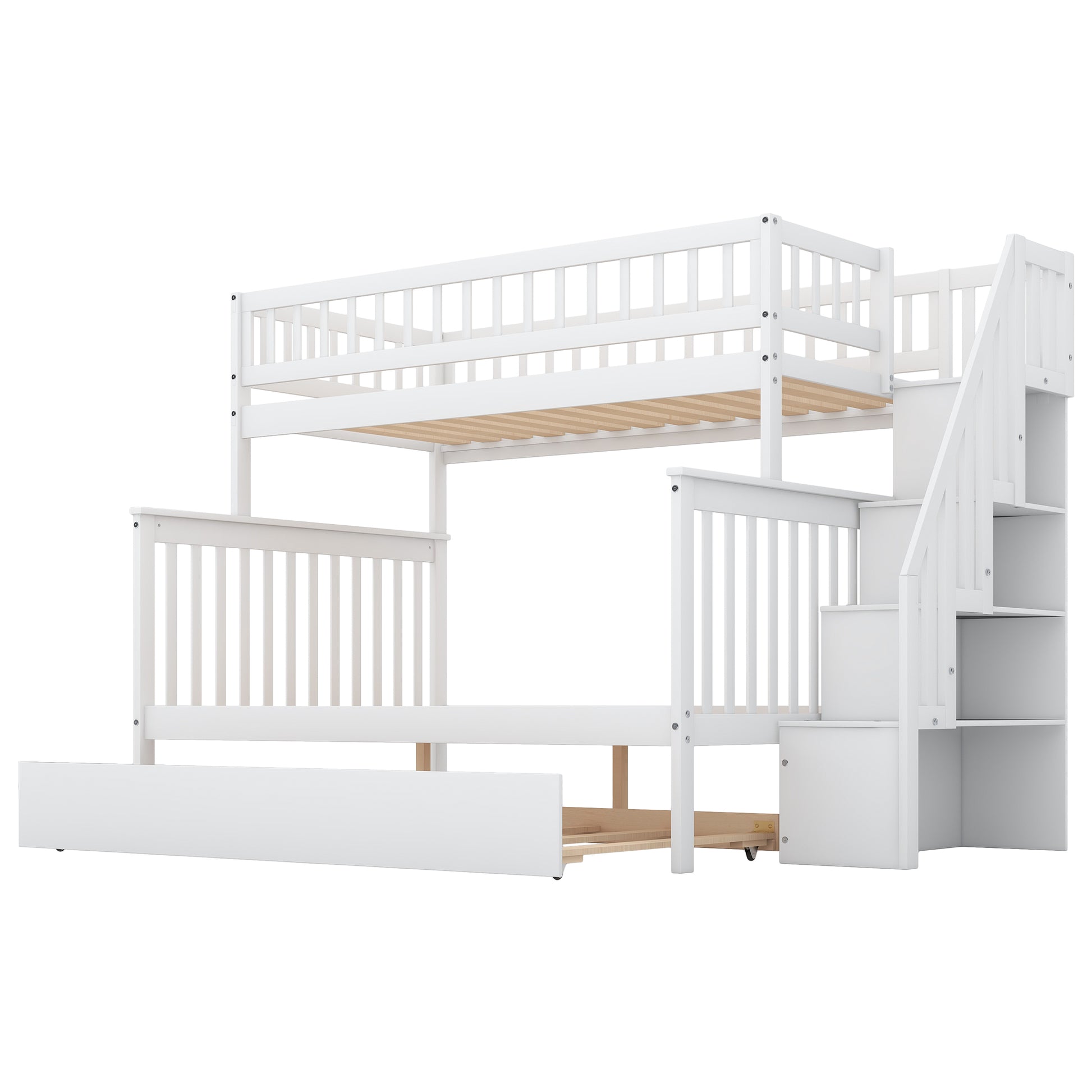 Twin Over Full Bunk Bed With Trundle And Staircase,White Twin White Pine