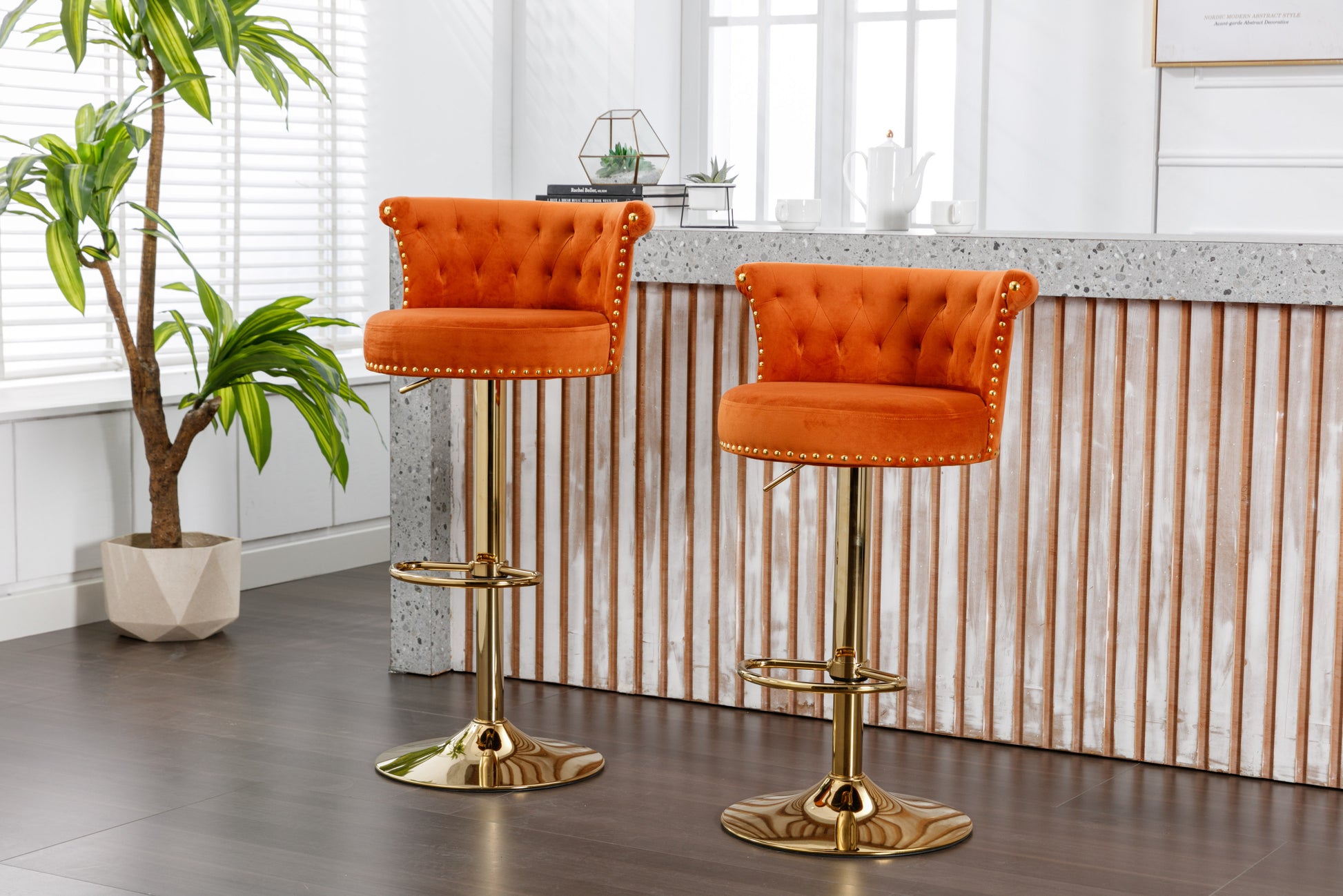 Coolmore Swivel Bar Stools Set Of 2 Adjustable Counter Height Chairs With Footrest For Kitchen, Dining Room 2Pc Set Orange Velvet