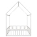 Full Size Wood House Bed With Fence And Door, White Wash White Pine