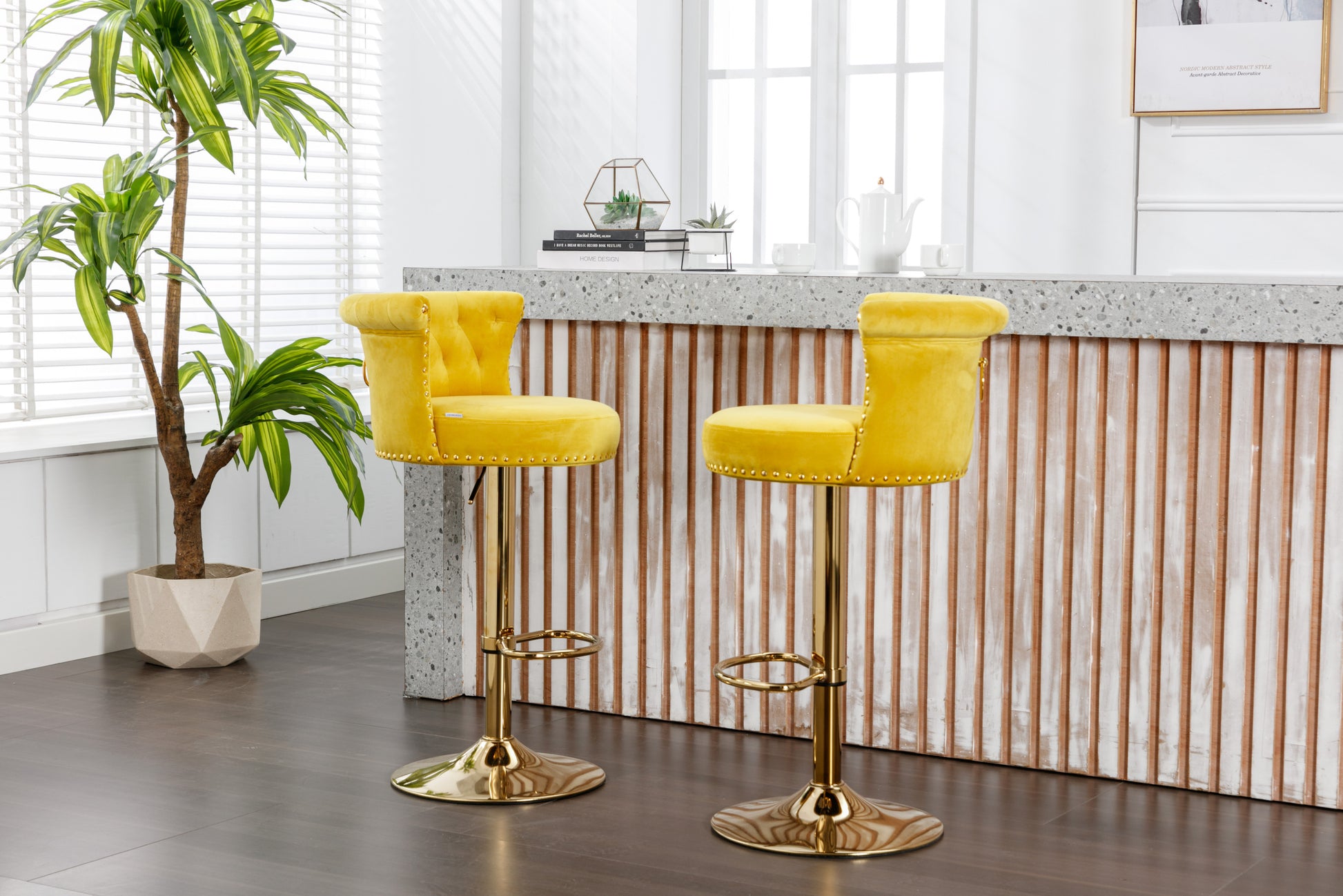 Coolmore Swivel Bar Stools Set Of 2 Adjustable Counter Height Chairs With Footrest For Kitchen, Dining Room 2Pc Set Yellow Velvet