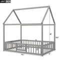 Full Size Wood House Bed With Fence And Door, Gray Wash Gray Pine