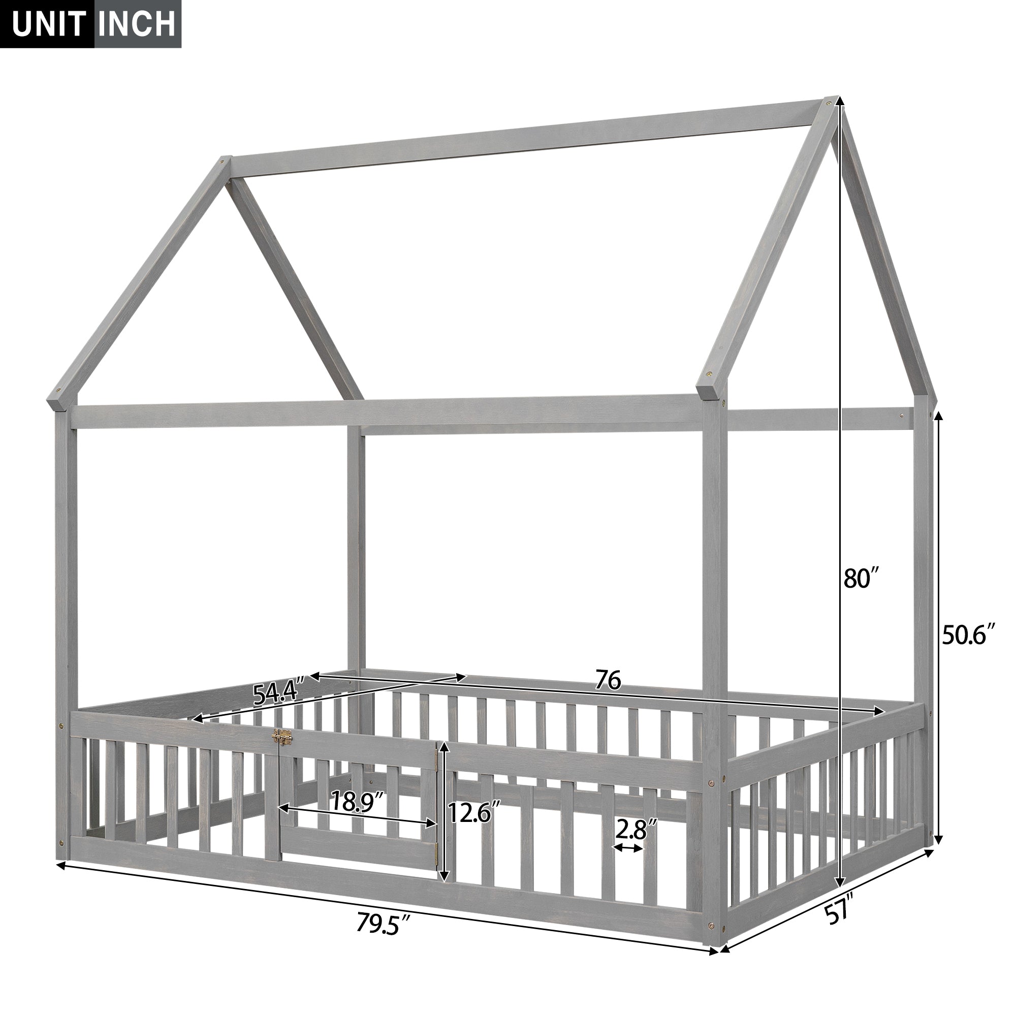 Full Size Wood House Bed with Fence and Door, Gray gray-pine