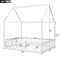 Full Size Wood House Bed With Fence And Door, White Wash White Pine