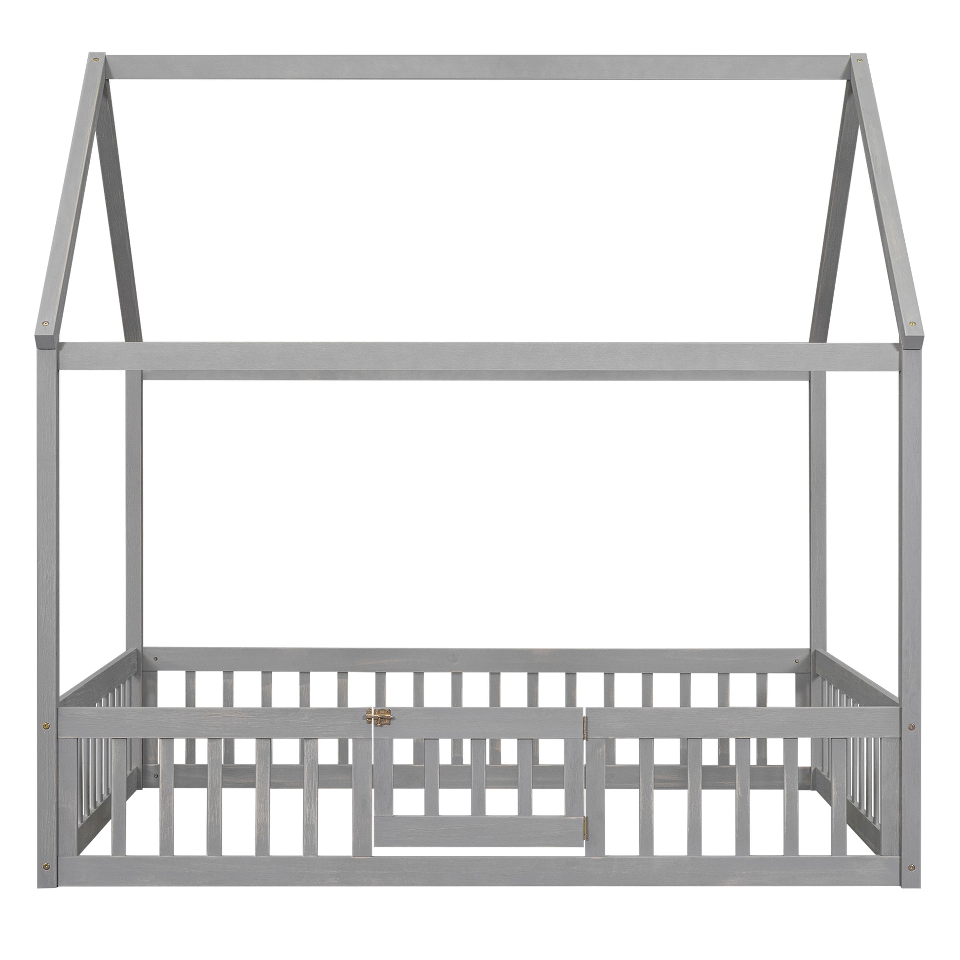 Full Size Wood House Bed With Fence And Door, Gray Wash Gray Pine
