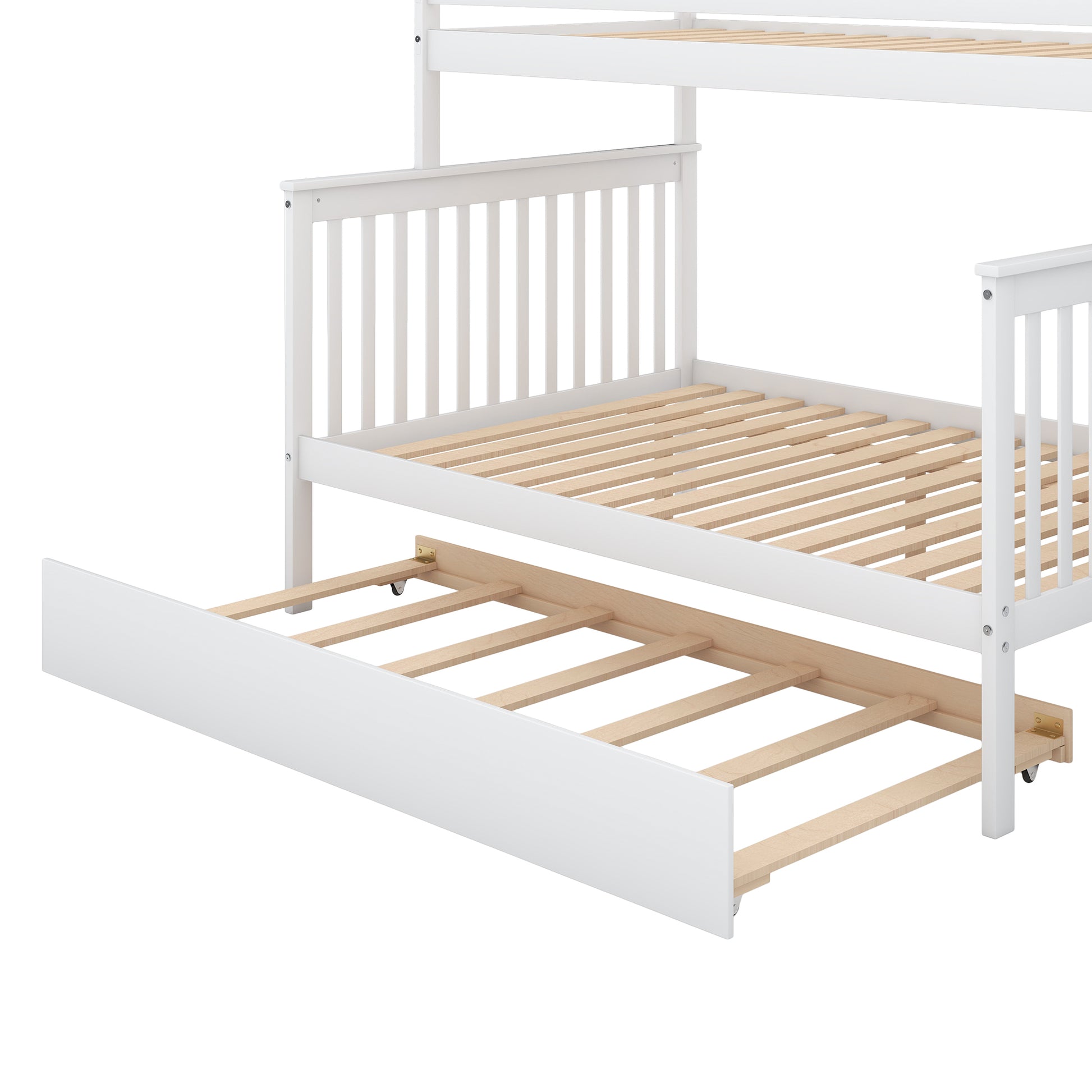 Twin Over Full Bunk Bed With Trundle And Staircase,White Twin White Pine