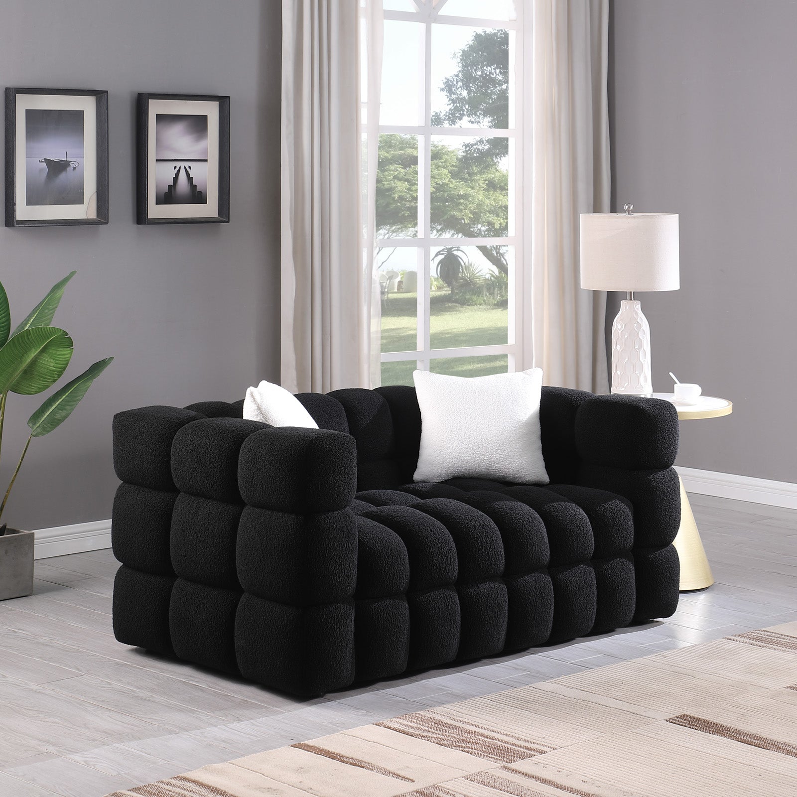 62.2Length ,35.83" Deepth ,Human Body Structure For Usa People, Marshmallow Sofa,Boucle Sofa ,Black Color, 2 Seater Black Light Brown Wood Primary Living Space Medium Soft Split Back Eucalyptus Square Arms Boucle 2 Seat