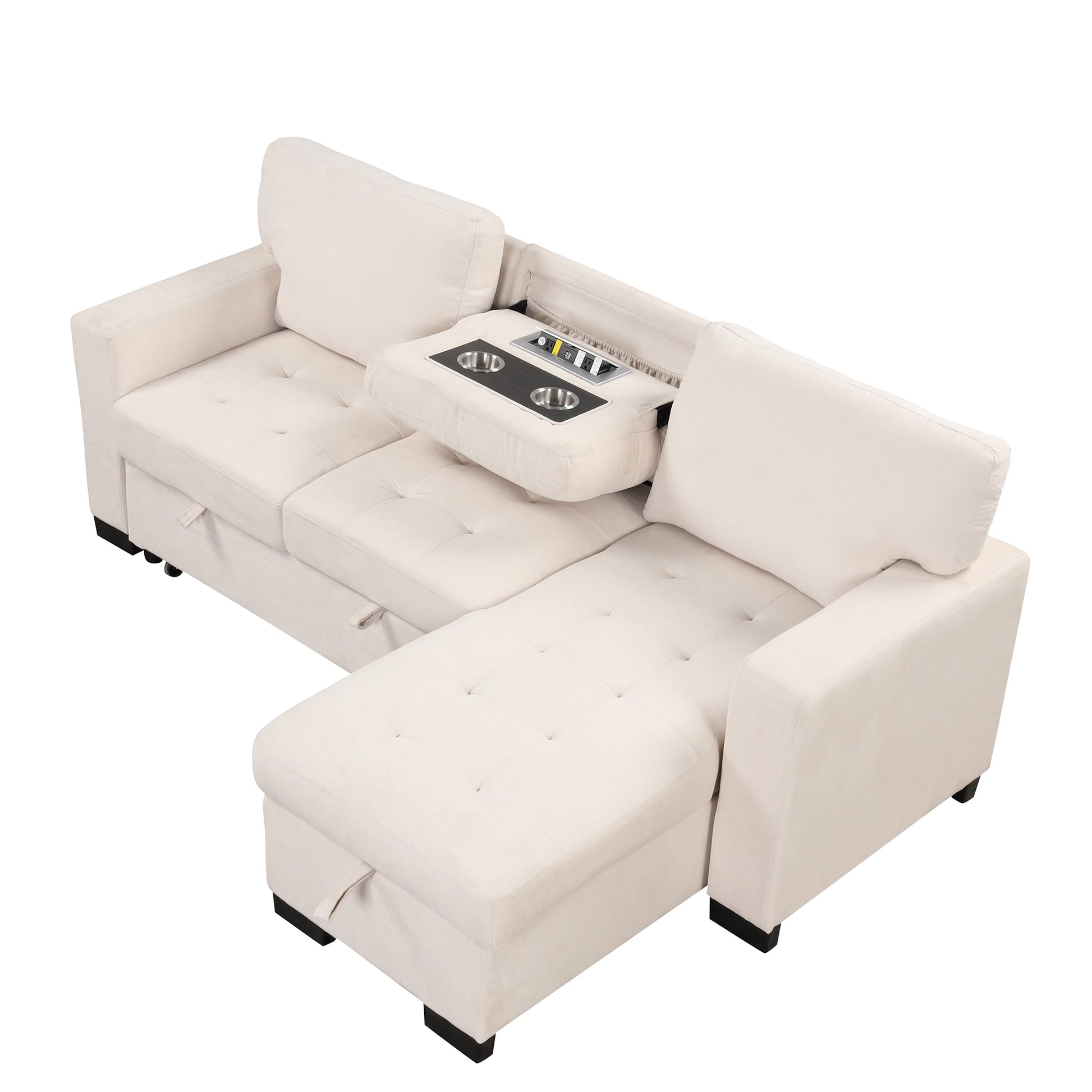 Stylish And Functional Light Chaise Lounge Sectional With Storage Rack Pull Out Bed Drop Down Table And Usb Charger Beige Beige Foam Spring