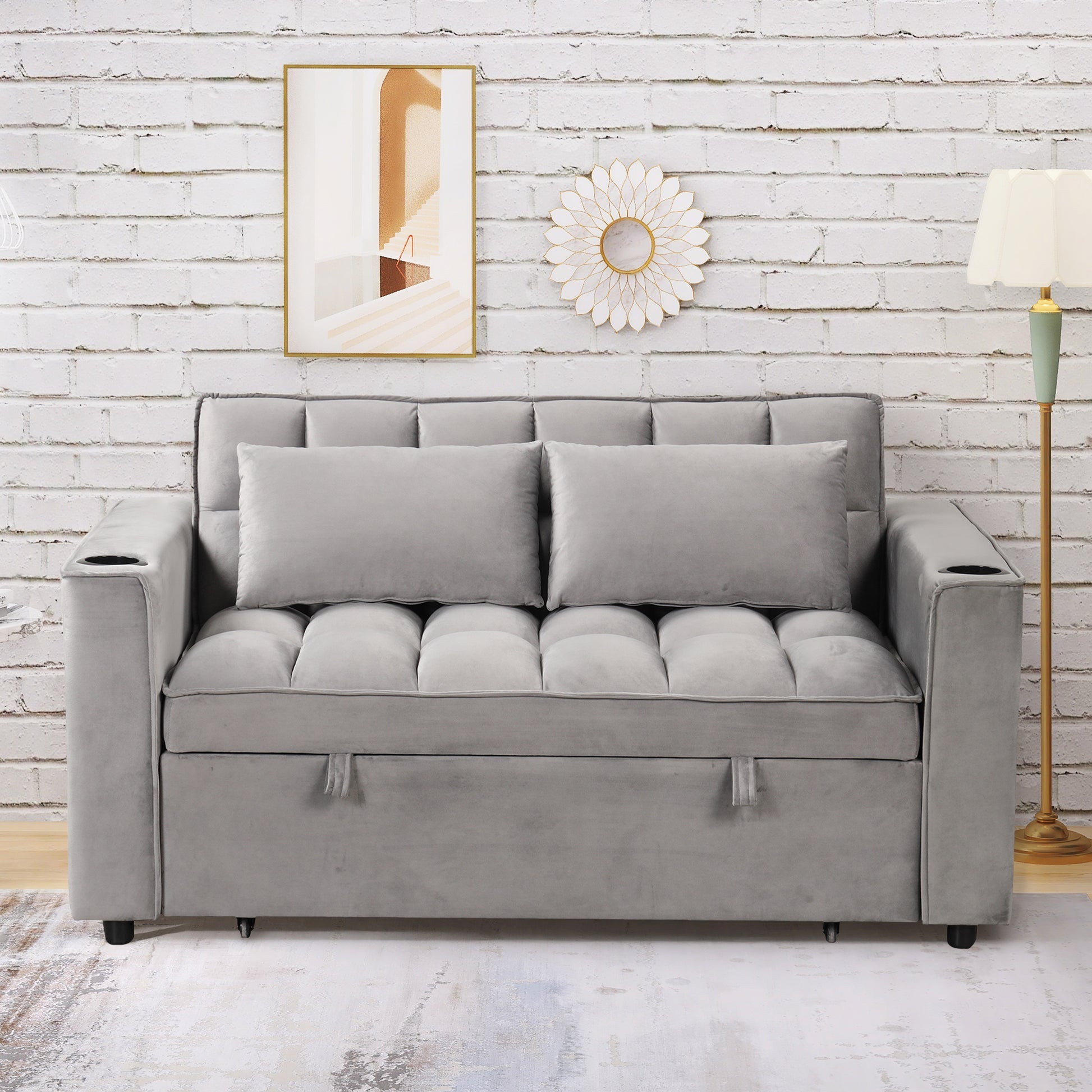 58" 4 1 Multi Functional Sofa Bed With Cup Holder And Usb Port For Living Room Or Apartments, Gray Gray Foam 2 Seat