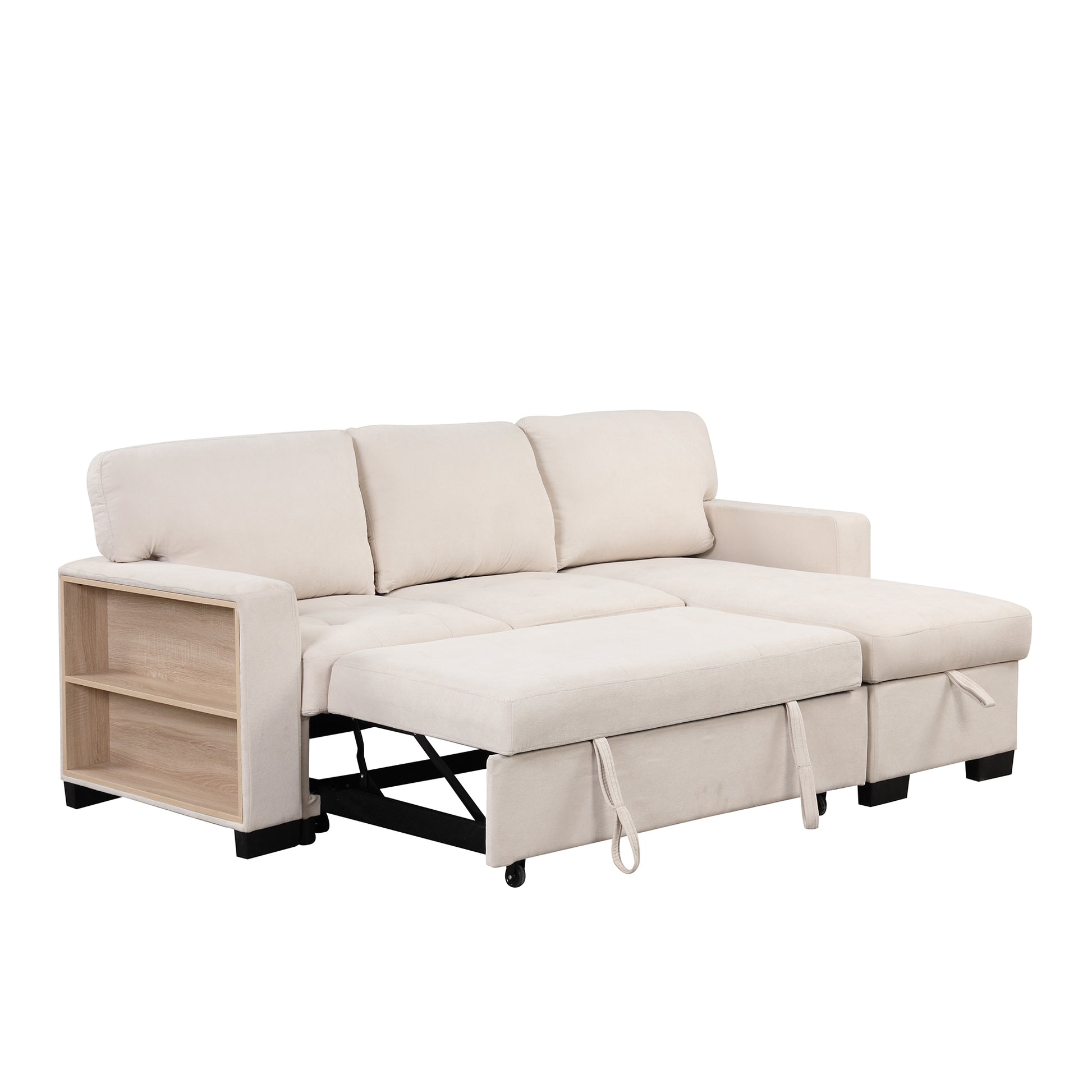 Stylish And Functional Light Chaise Lounge Sectional With Storage Rack Pull Out Bed Drop Down Table And Usb Charger Beige Beige Foam Spring