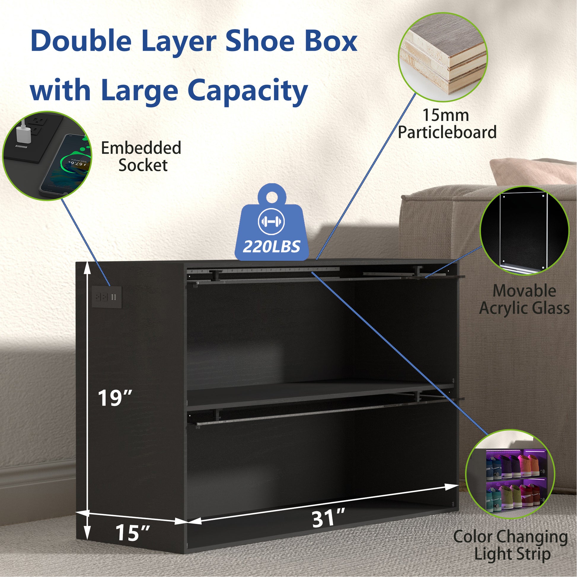 Video Sneaker Storage, Wooden Stackable Shoe Storage Box With Sliding Glass Door, Shoe Organizer Storage Box With Rgb Led Light For Up To 6 Pairs Of Shoes, Shoe Storage Bin For Display Sneakers Black Primary Living Space Particle Board